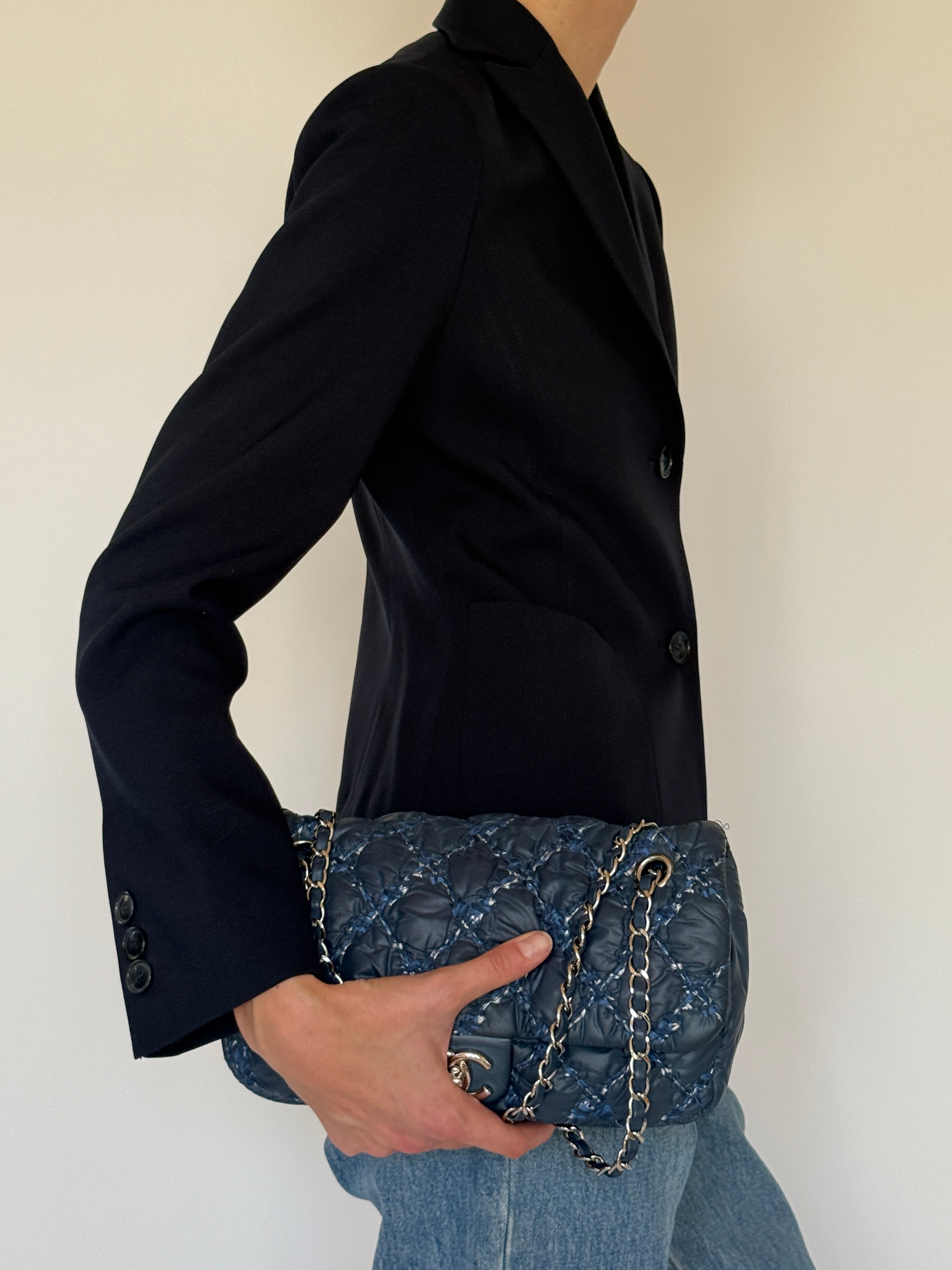 Vintage tailored navy blazer side view