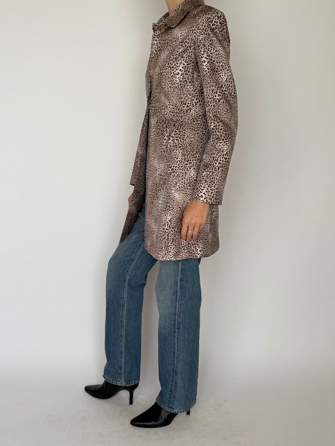 Vintage Leopard Print 100% Silk Long Blazer 6622