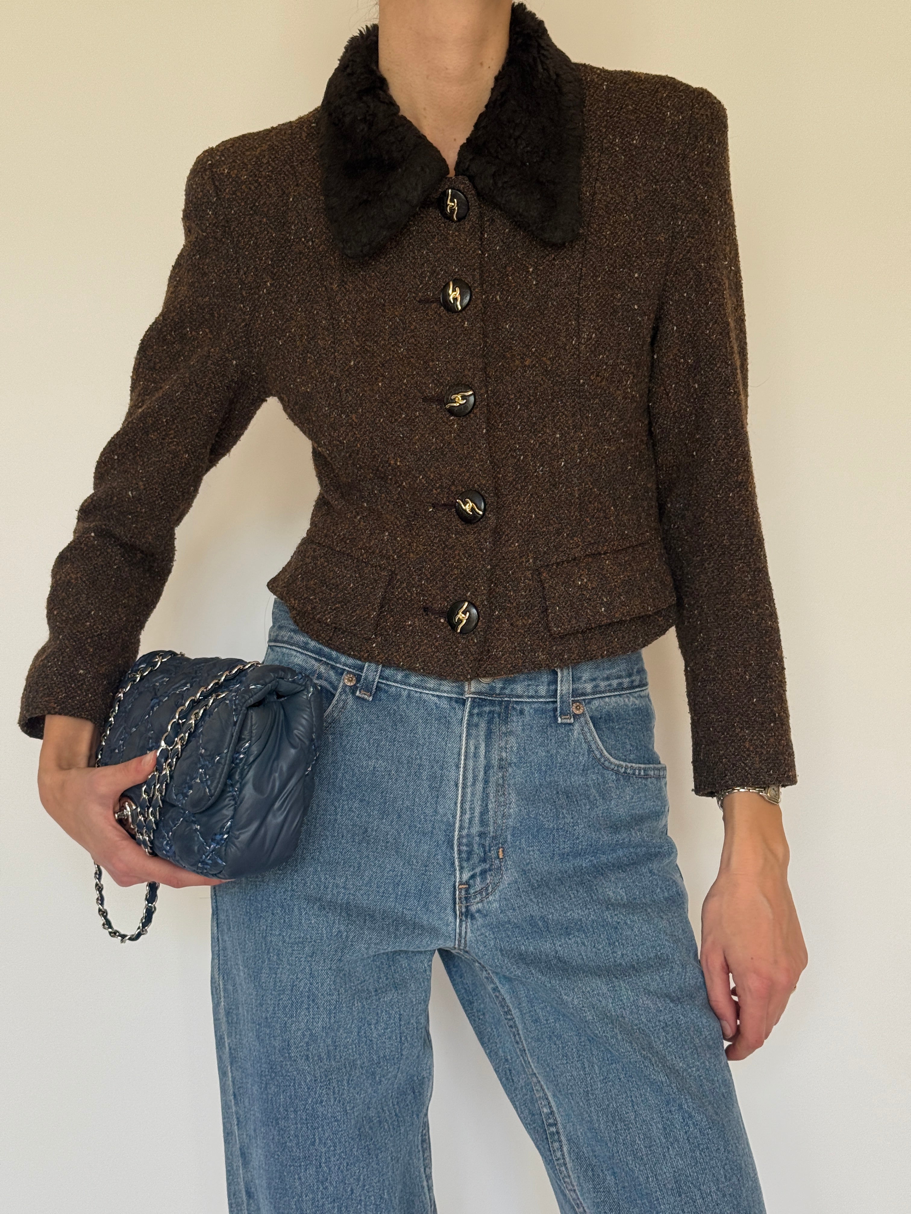 Vintage brown tweed jacket front pocket flap detail
