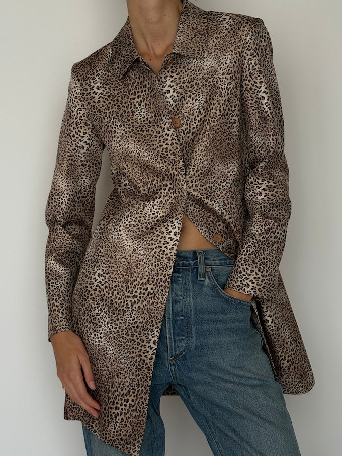Vintage Leopard Print 100% Silk Long Blazer 6622