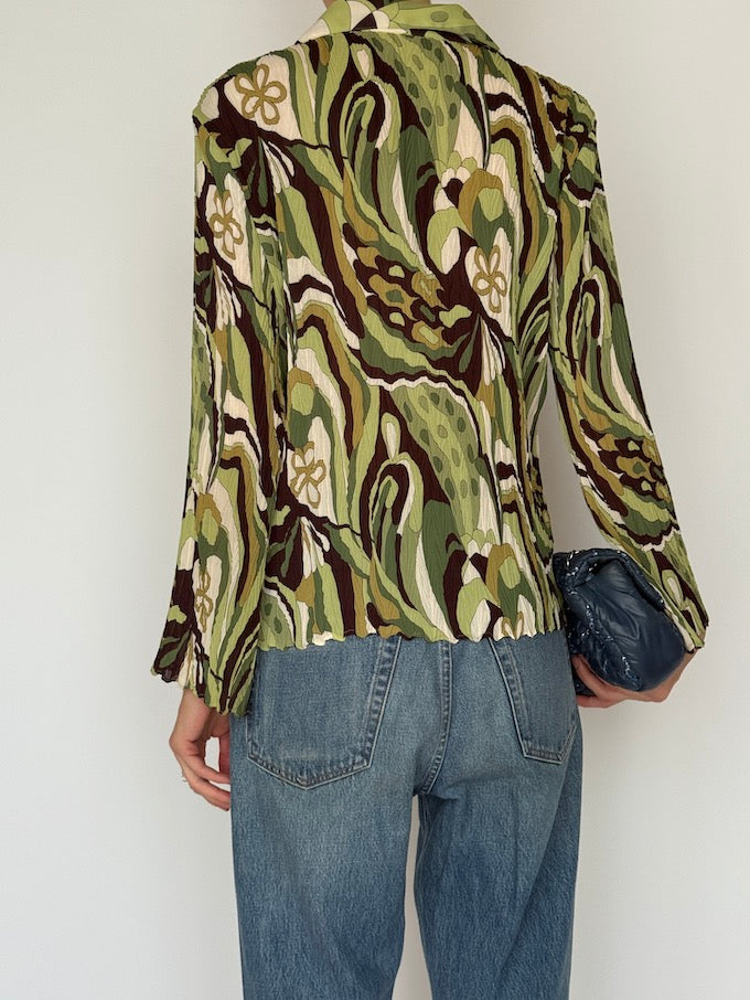 Vintage Abstract Button-Up Blouse Green 6624