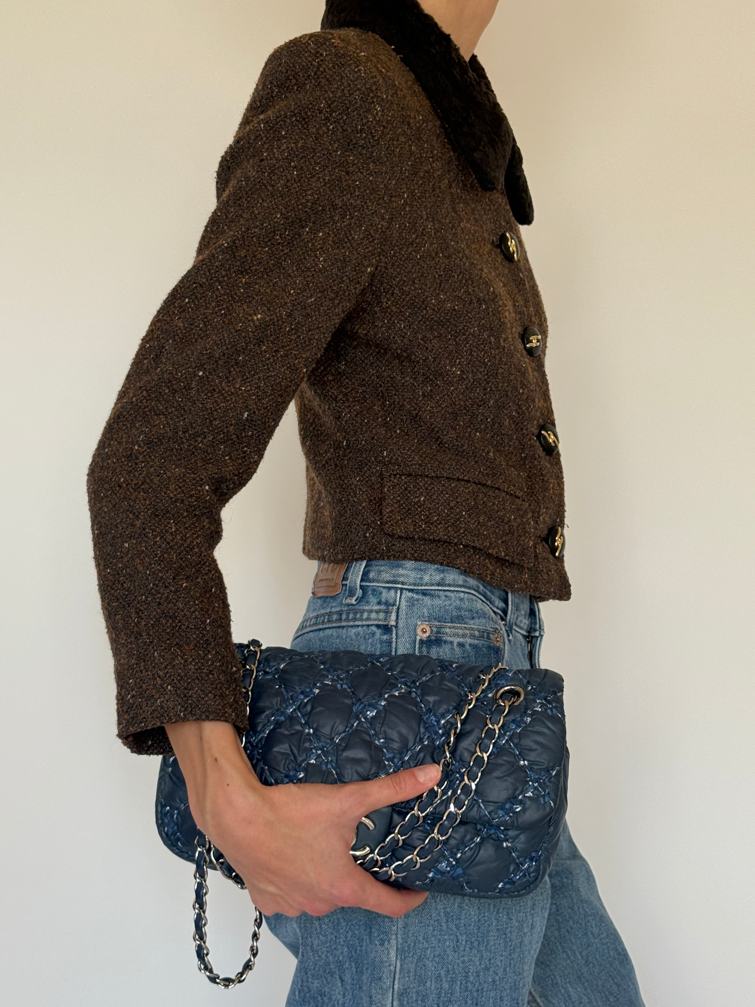 Vintage brown tweed cropped jacket side view structured shape