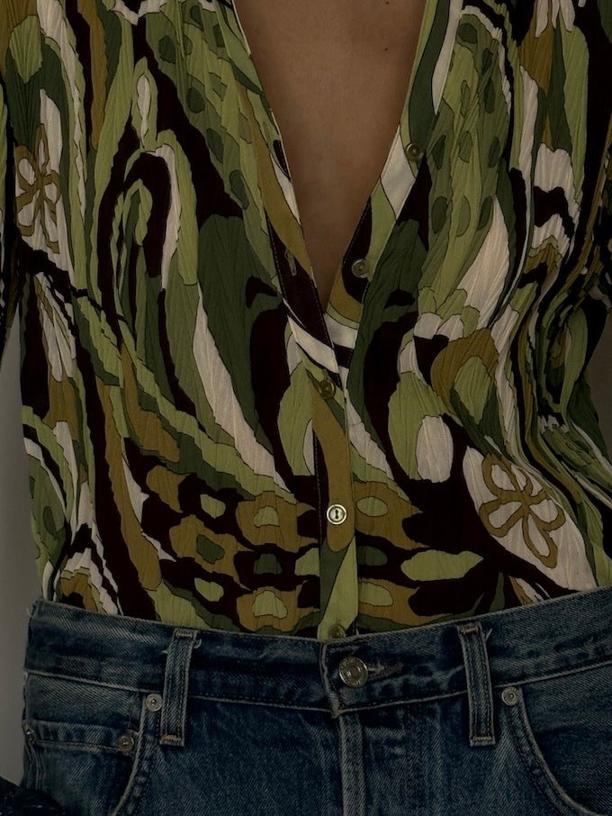 Vintage Abstract Button-Up Blouse Green 6624