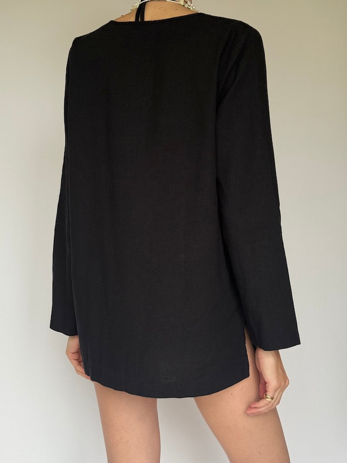 Vintage Bohemian Embroidered V-Neck Tunic black 6265