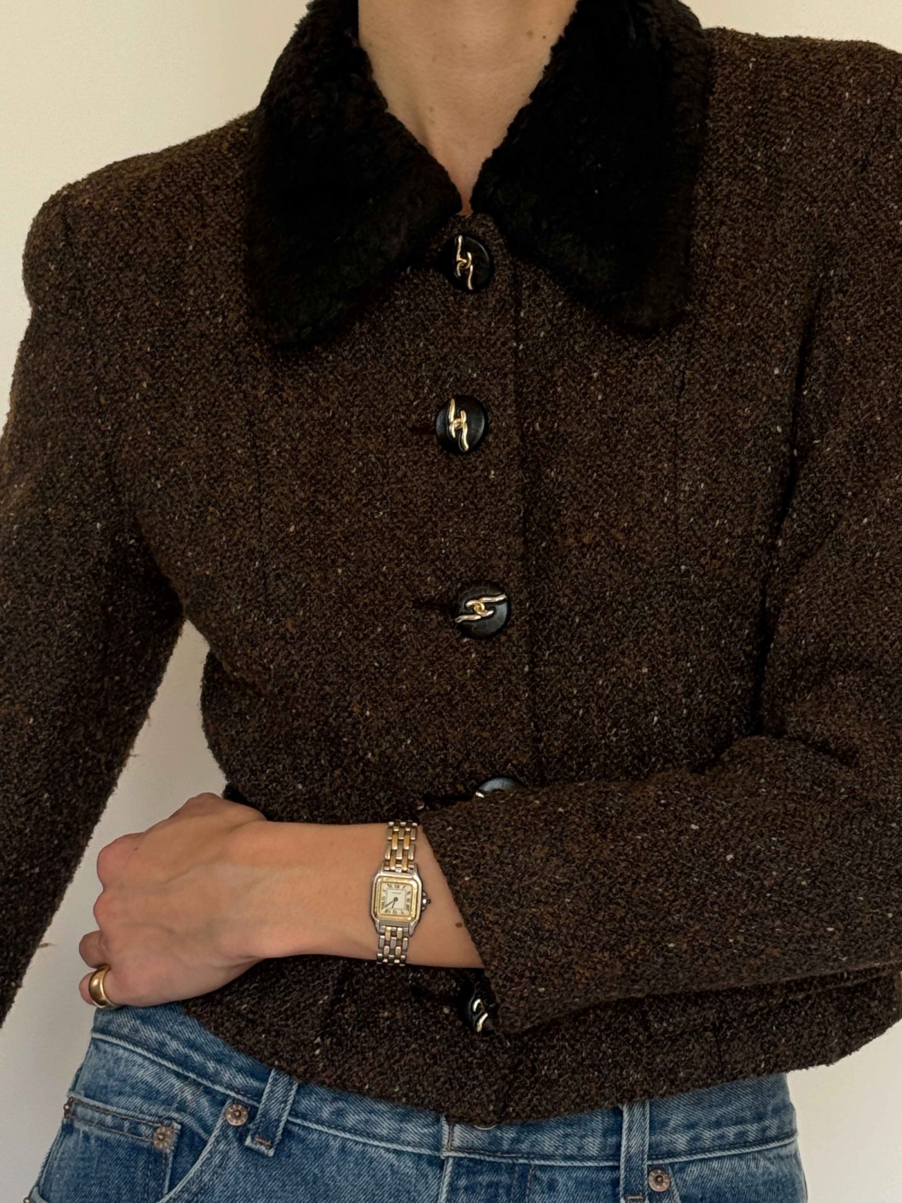 Vintage brown tweed cropped jacket front view with plush collar