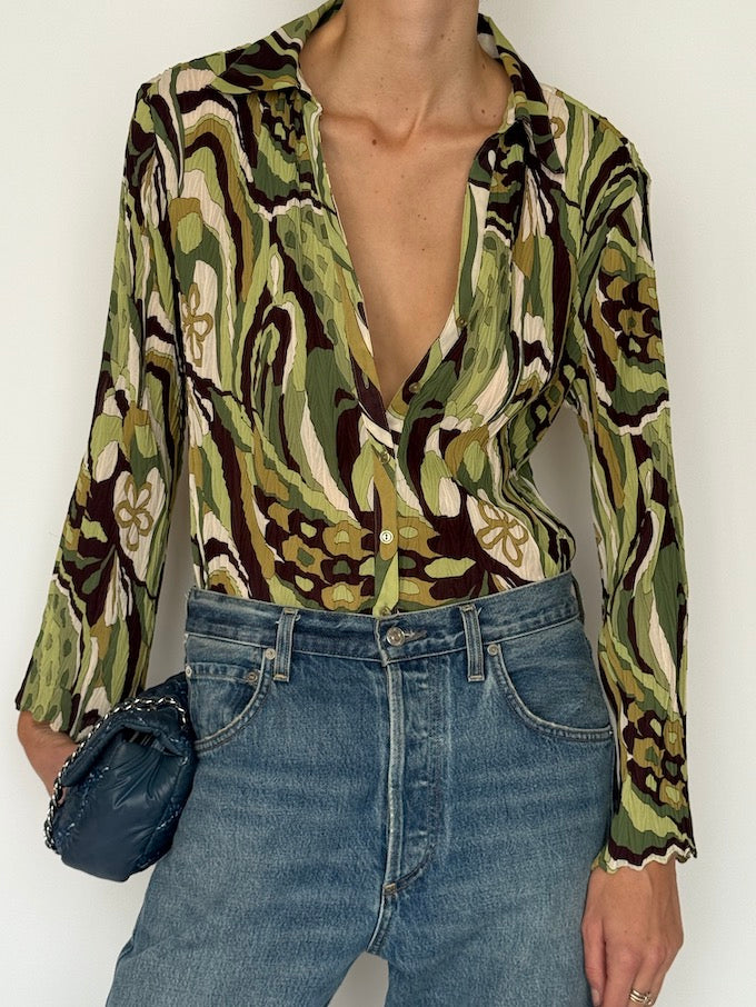 Vintage Abstract Button-Up Blouse Green 6624