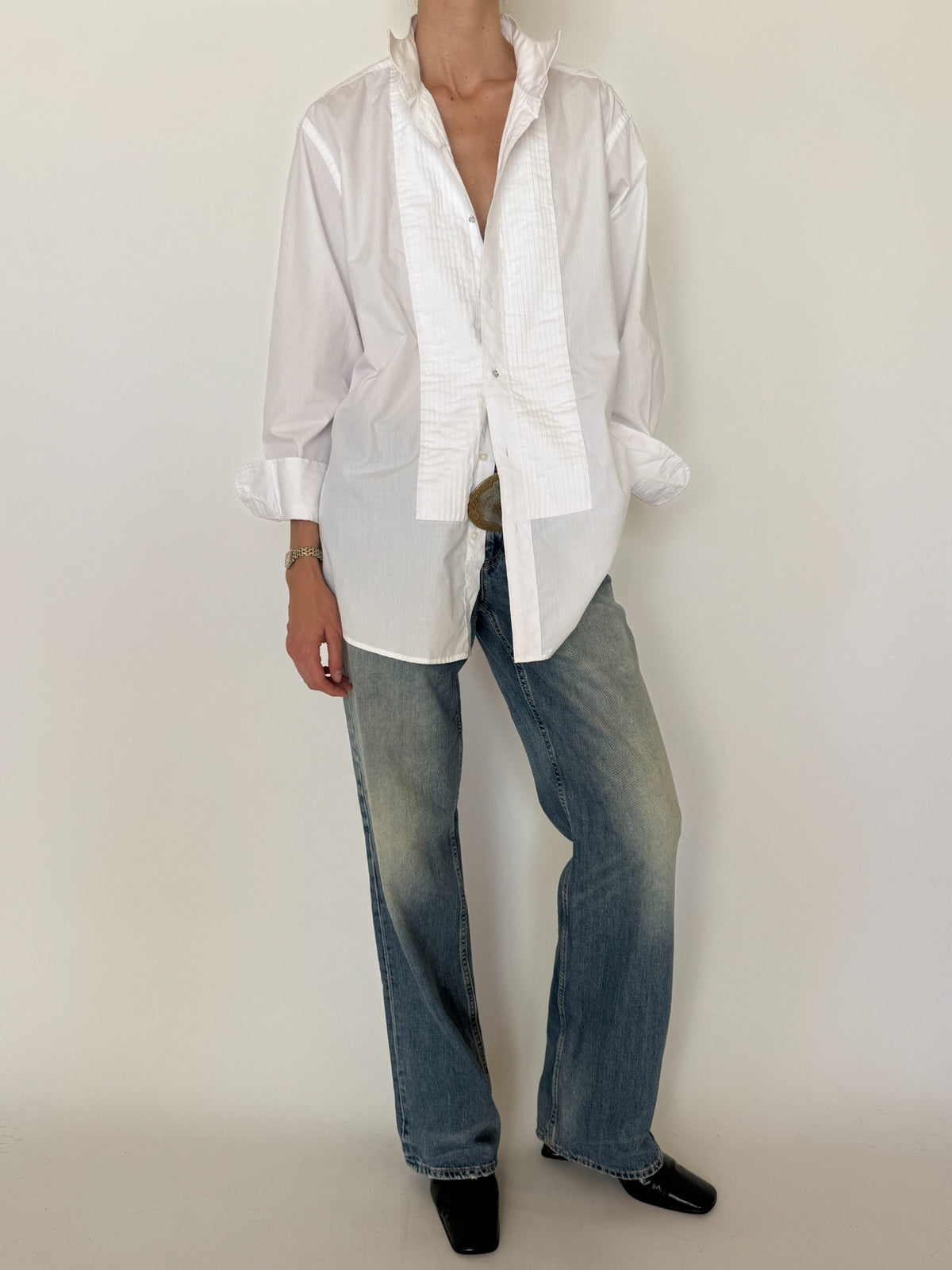 Full length front view of vintage white tuxedo shirt