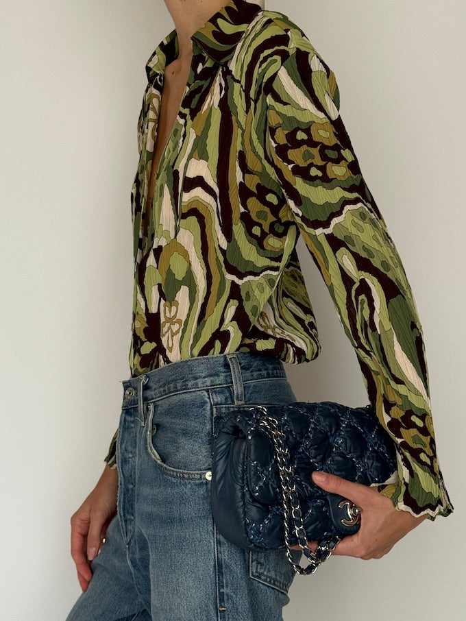 Vintage Abstract Button-Up Blouse Green 6624