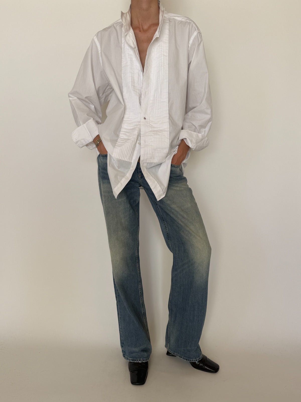 Front view of vintage white tuxedo shirt with pintuck bib