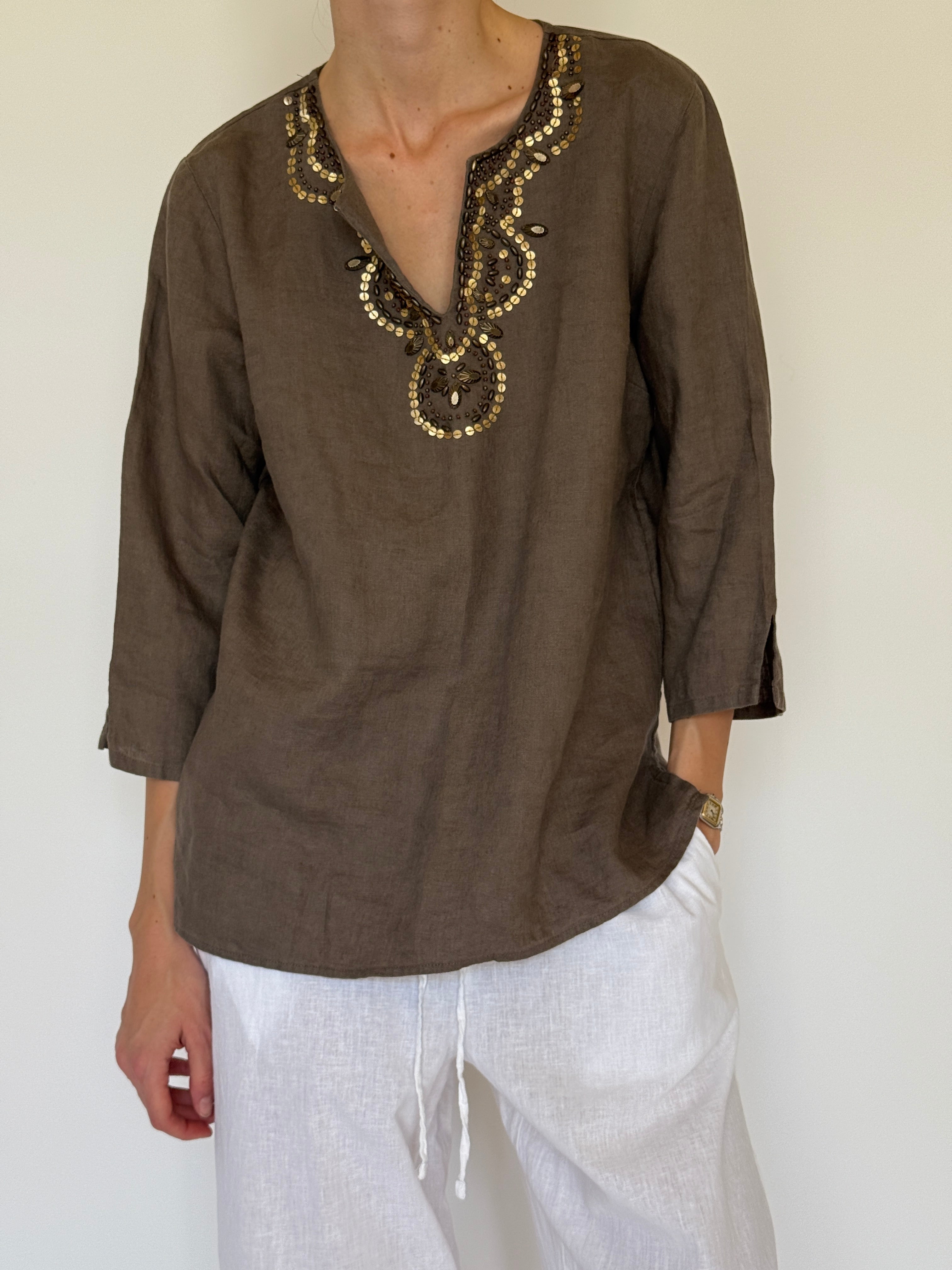 Vintage tunic top embellished neckline detail
