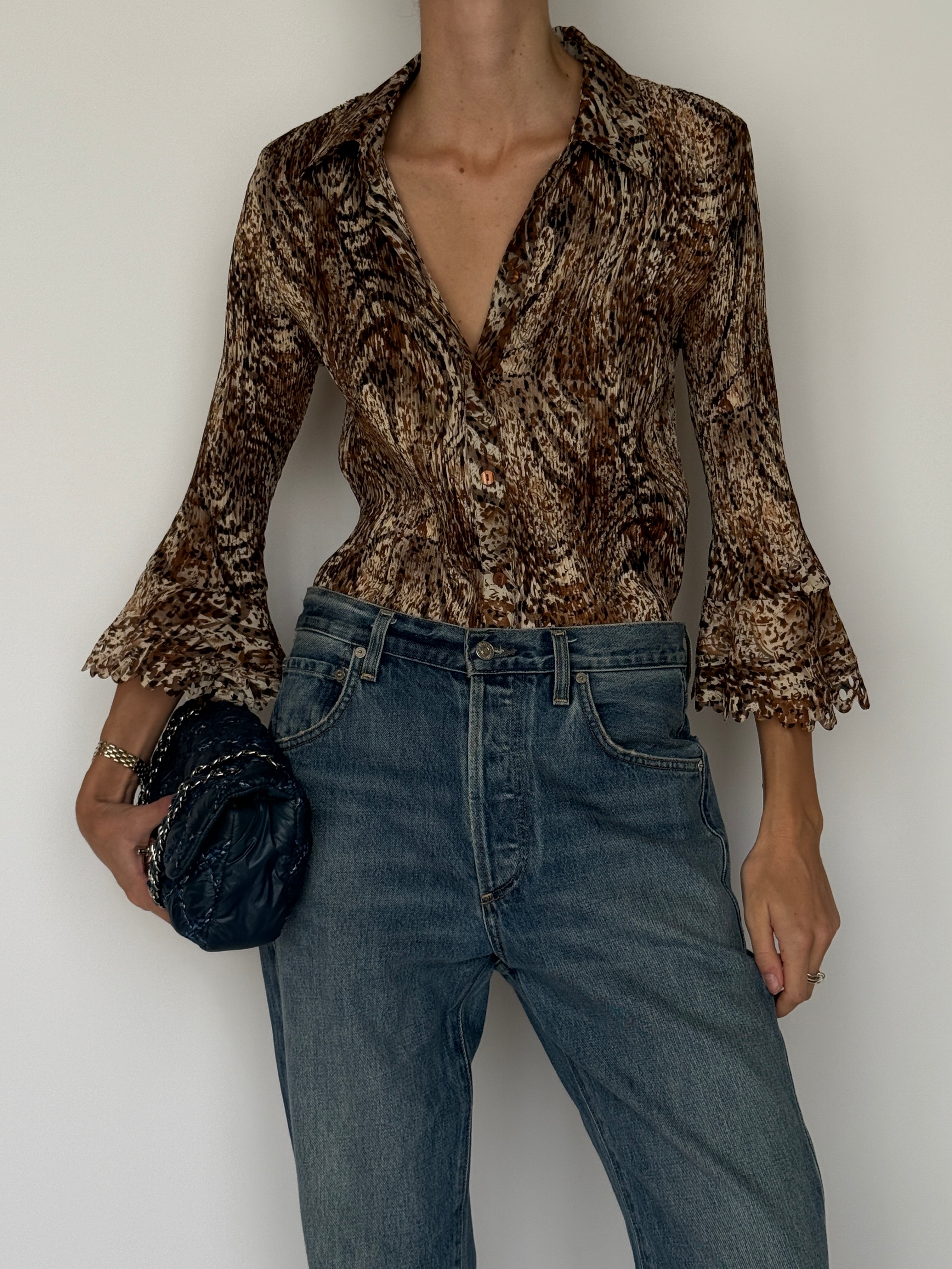 Vintage Pleated Sheer Blouse Brown