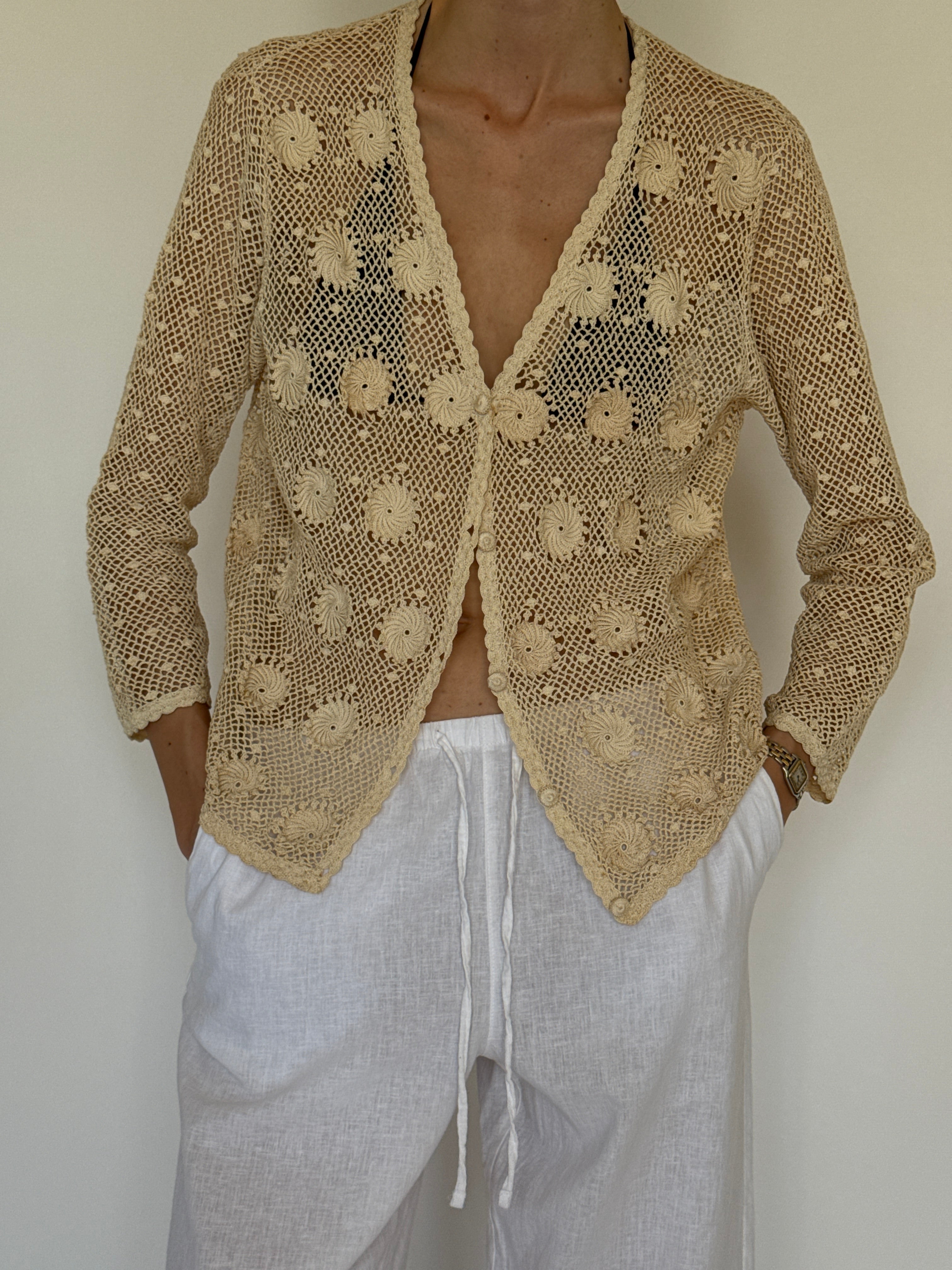 Vintage cream crochet jacket neckline detail