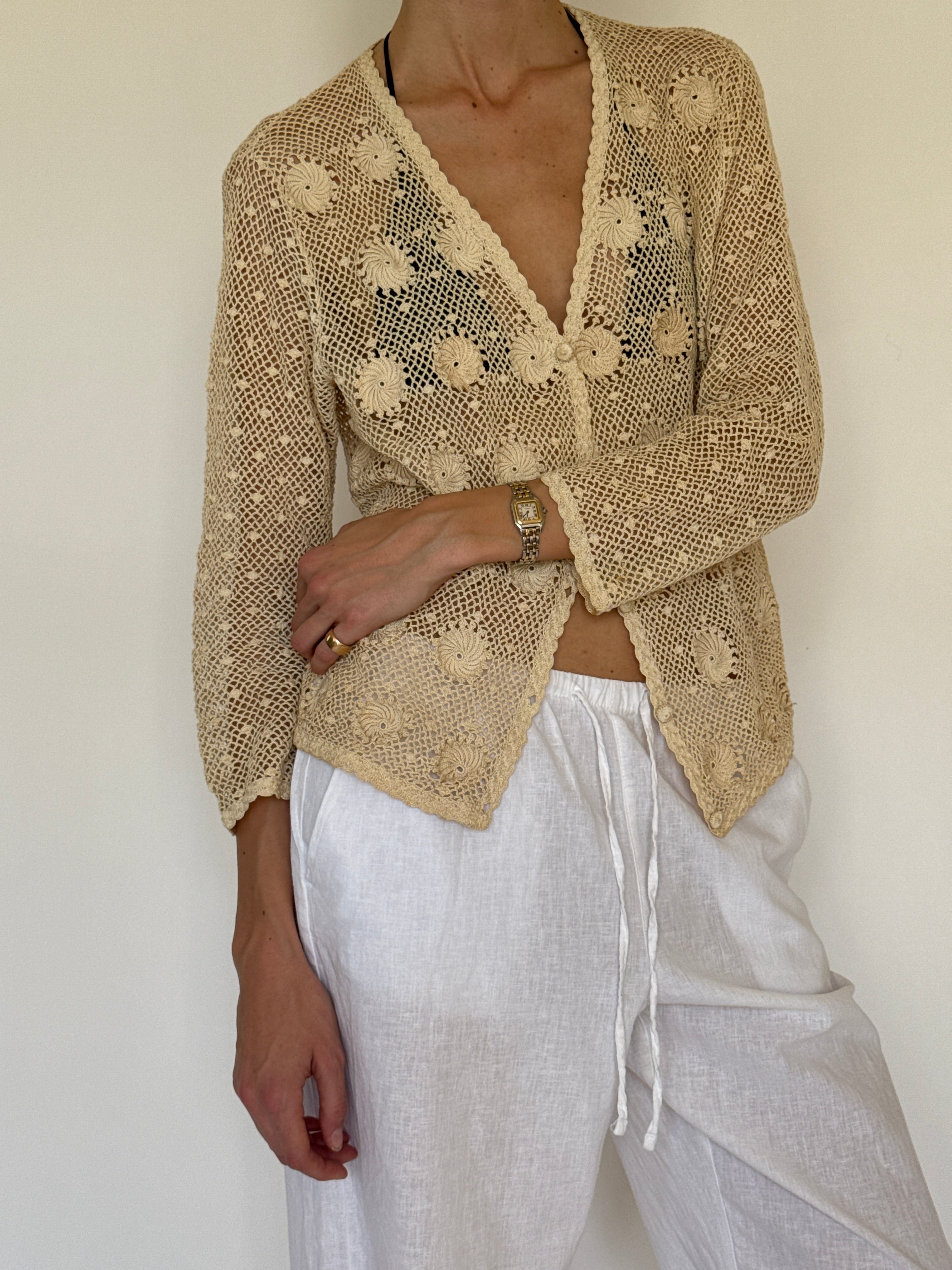 Vintage cream crochet open knit jacket side view