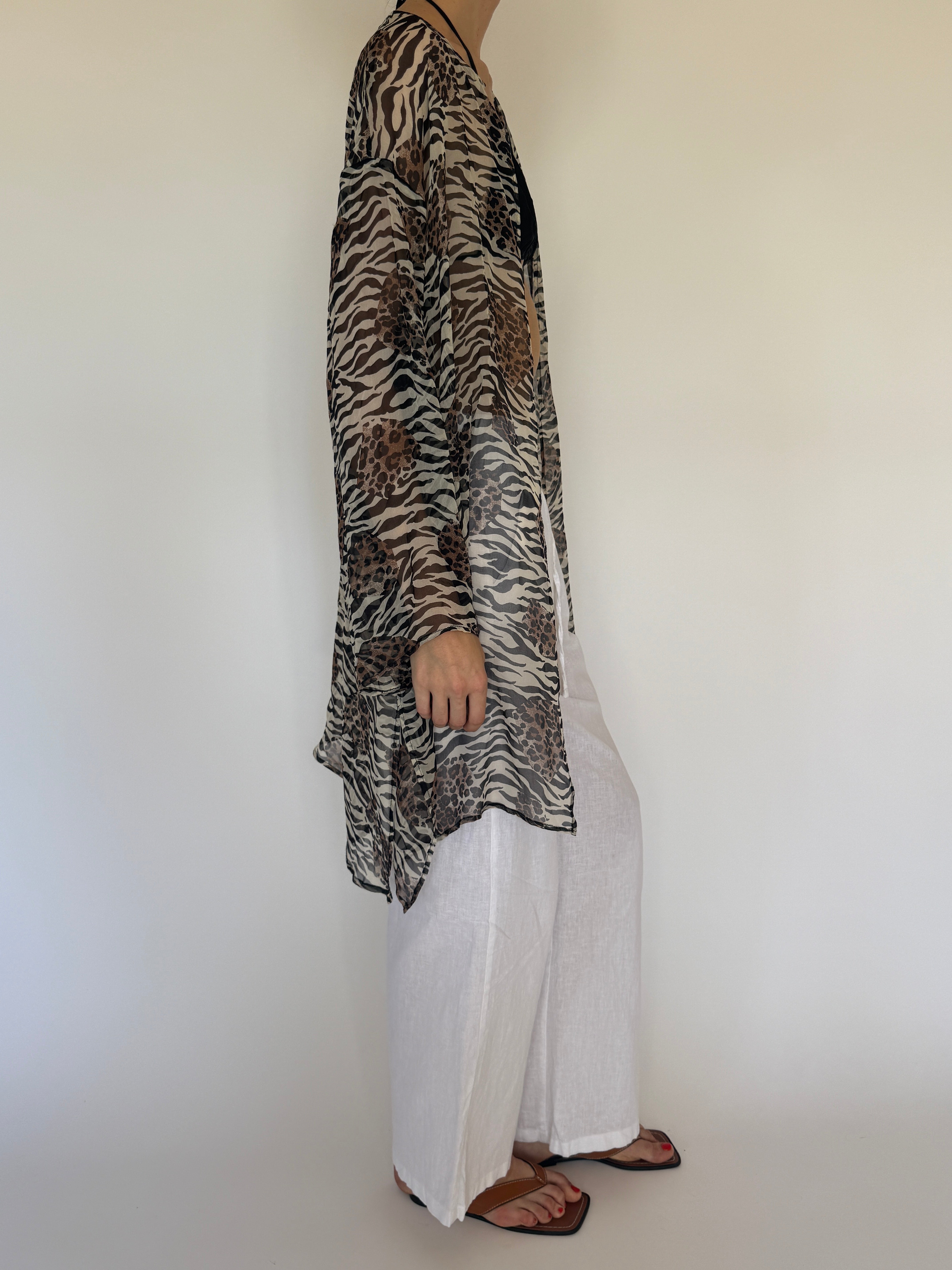 Vintage sheer brown mixed animal print kimono side view