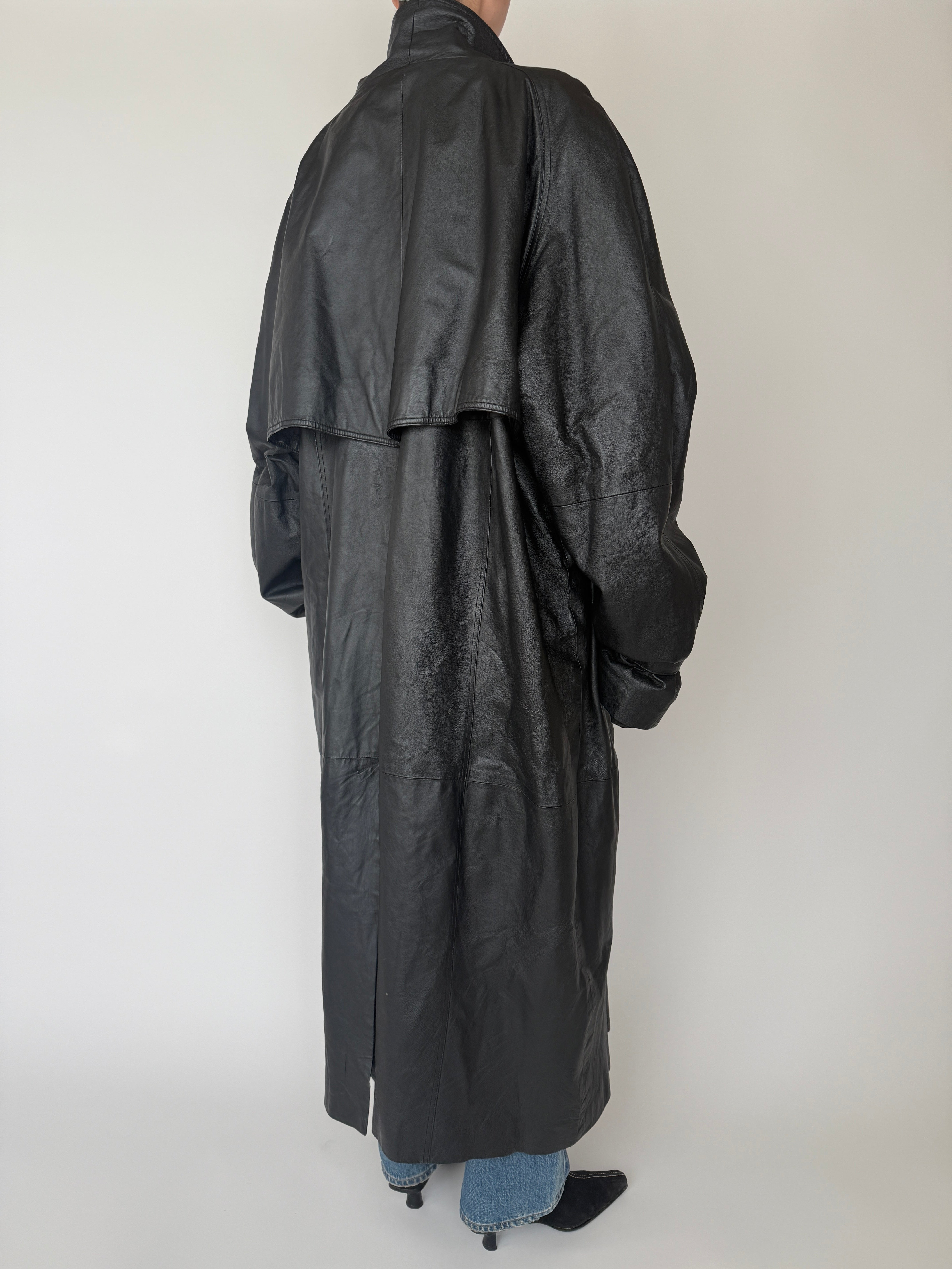 Vintage black leather coat back view