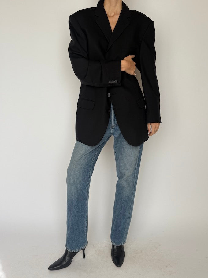 Vintage Oversized Faded Pinstripe Wool Blazer Black 5944
