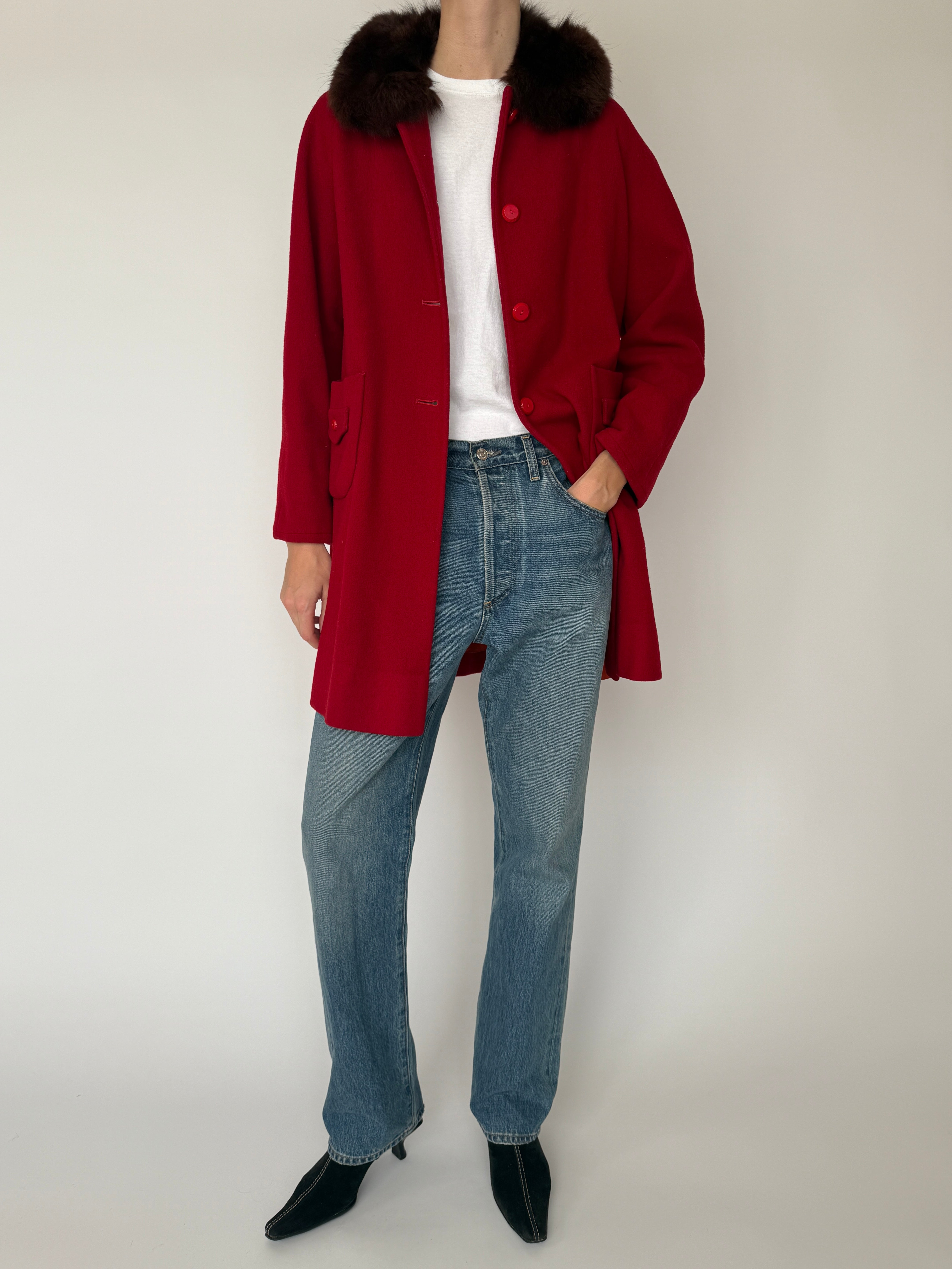 Vintage red wool coat with straight silhouette and fur trim