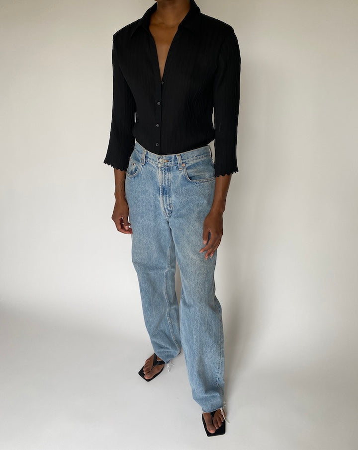 VINTAGE PLEATED BLACK BLOUSE 3806