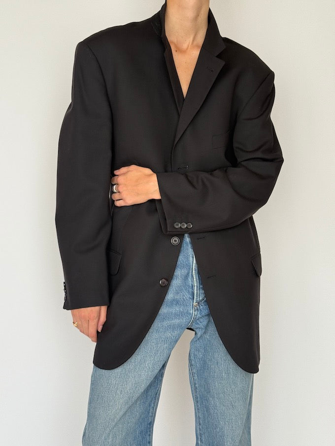 Vintage Oversized Faded Pinstripe Wool Blazer Black 5944