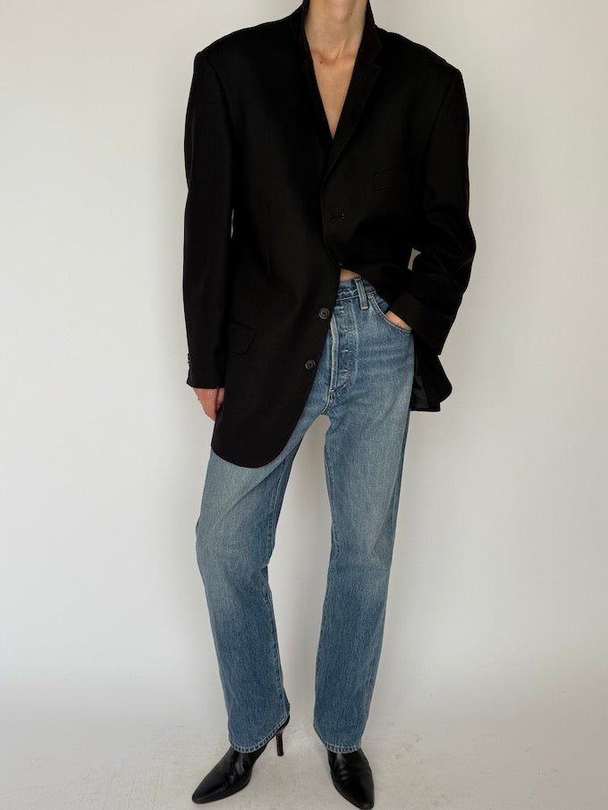 Vintage Oversized Faded Pinstripe Wool Blazer Black 5944