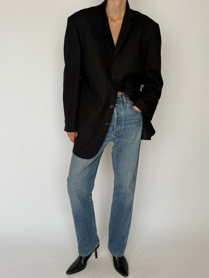 Vintage Oversized Faded Pinstripe Wool Blazer Black 5944