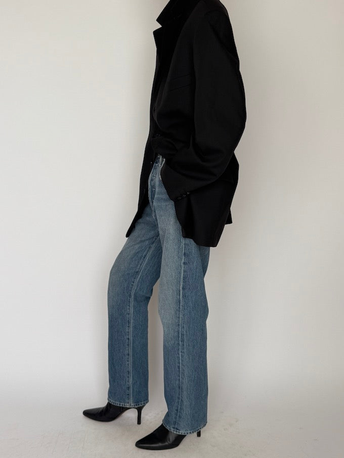 Vintage Oversized Faded Pinstripe Wool Blazer Black 5944