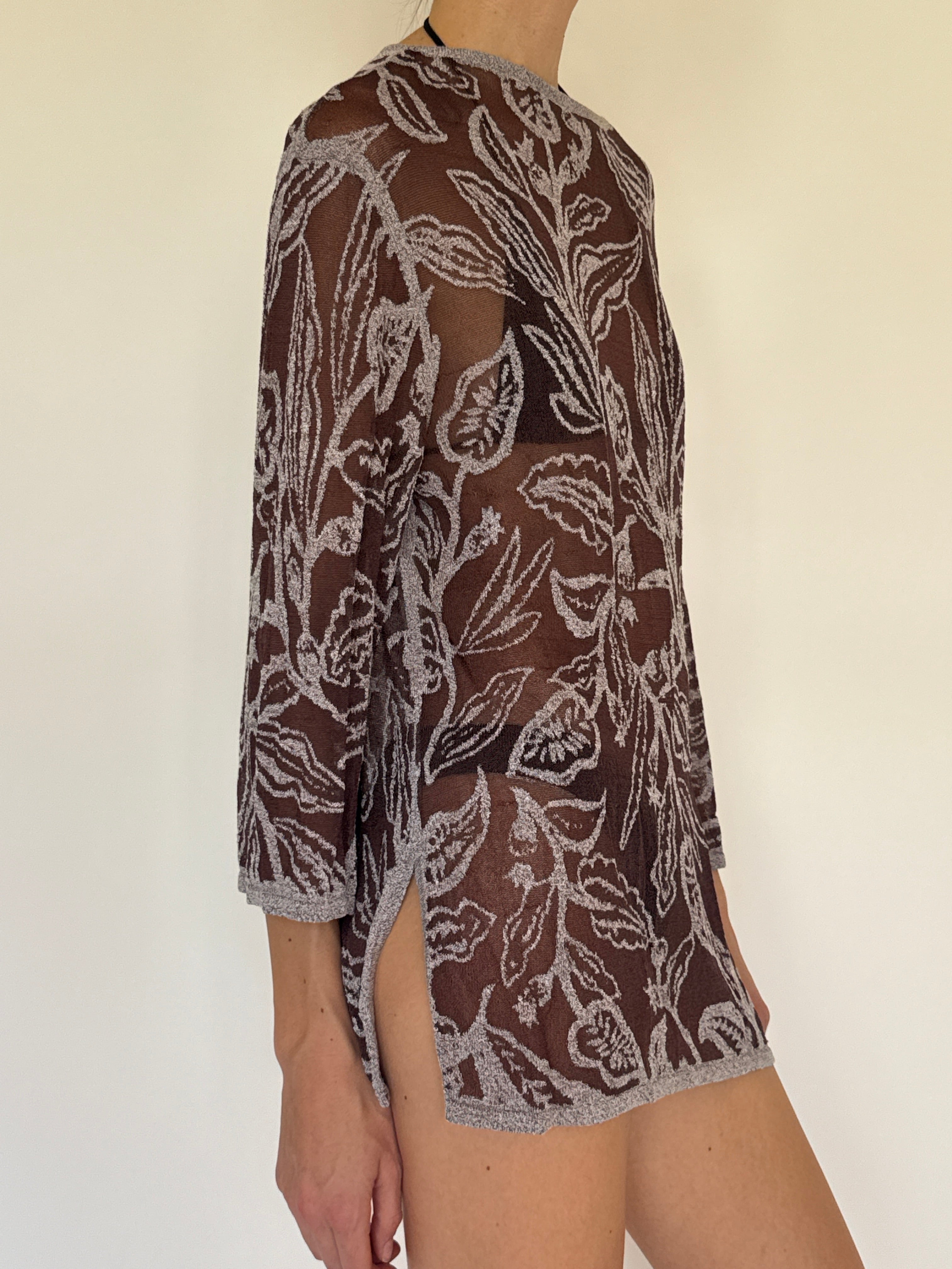 Vintage sheer floral brown swim cover-up side view