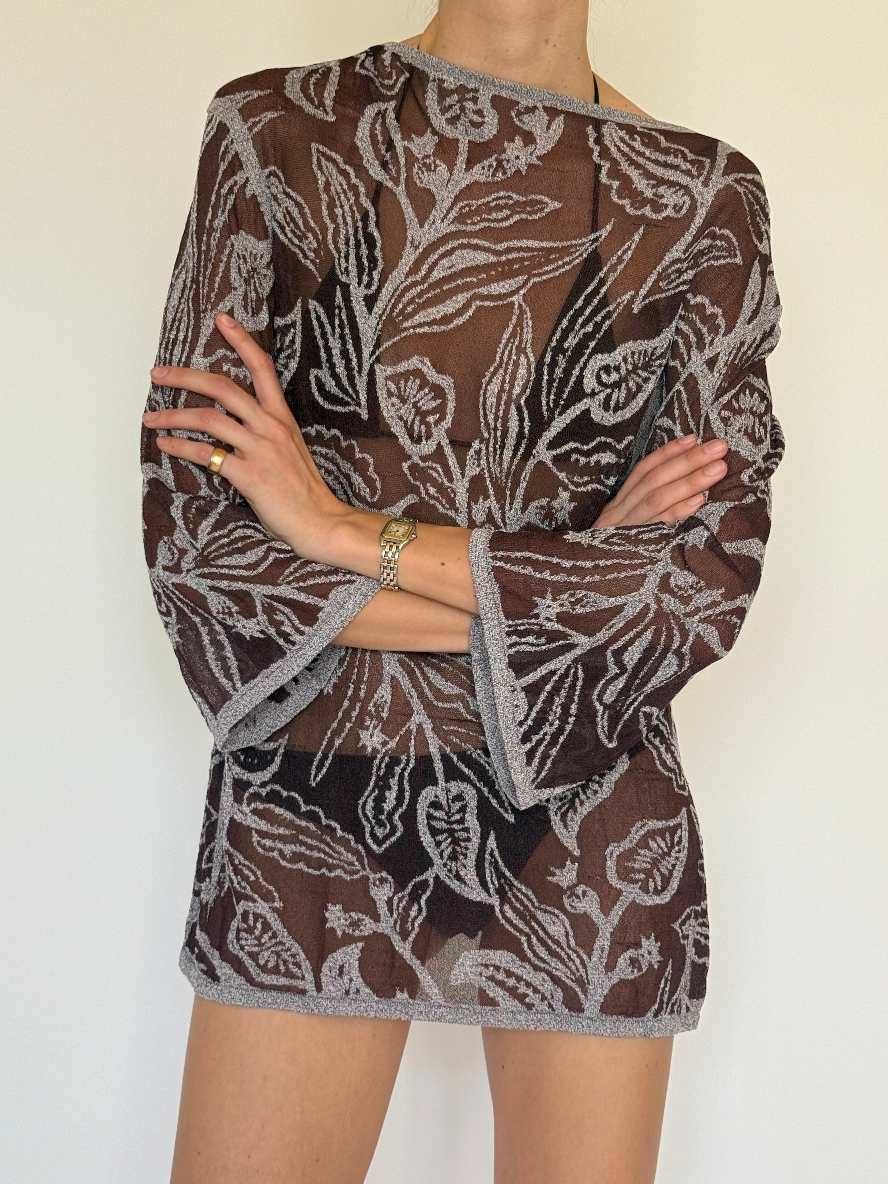 Vintage sheer floral brown swim cover-up front view