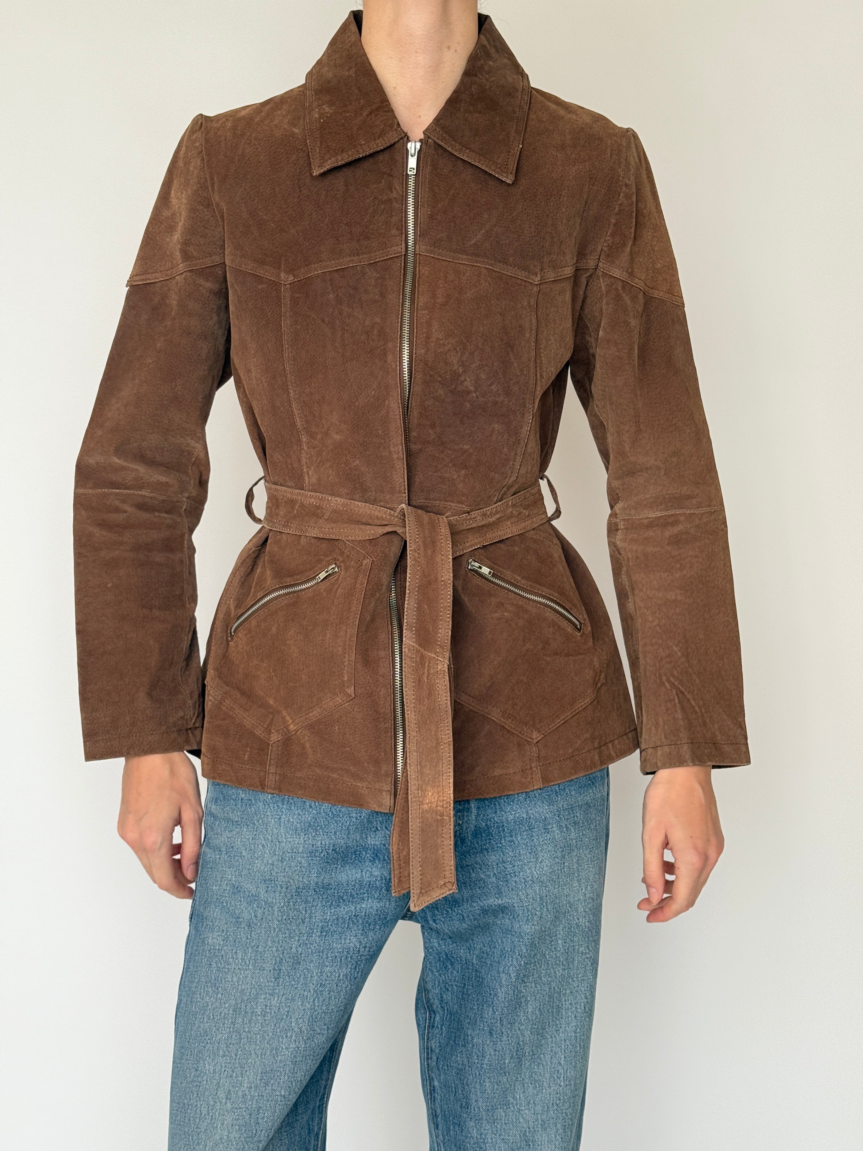 Vintage brown suede leather jacket featuring waist tie and front zipper