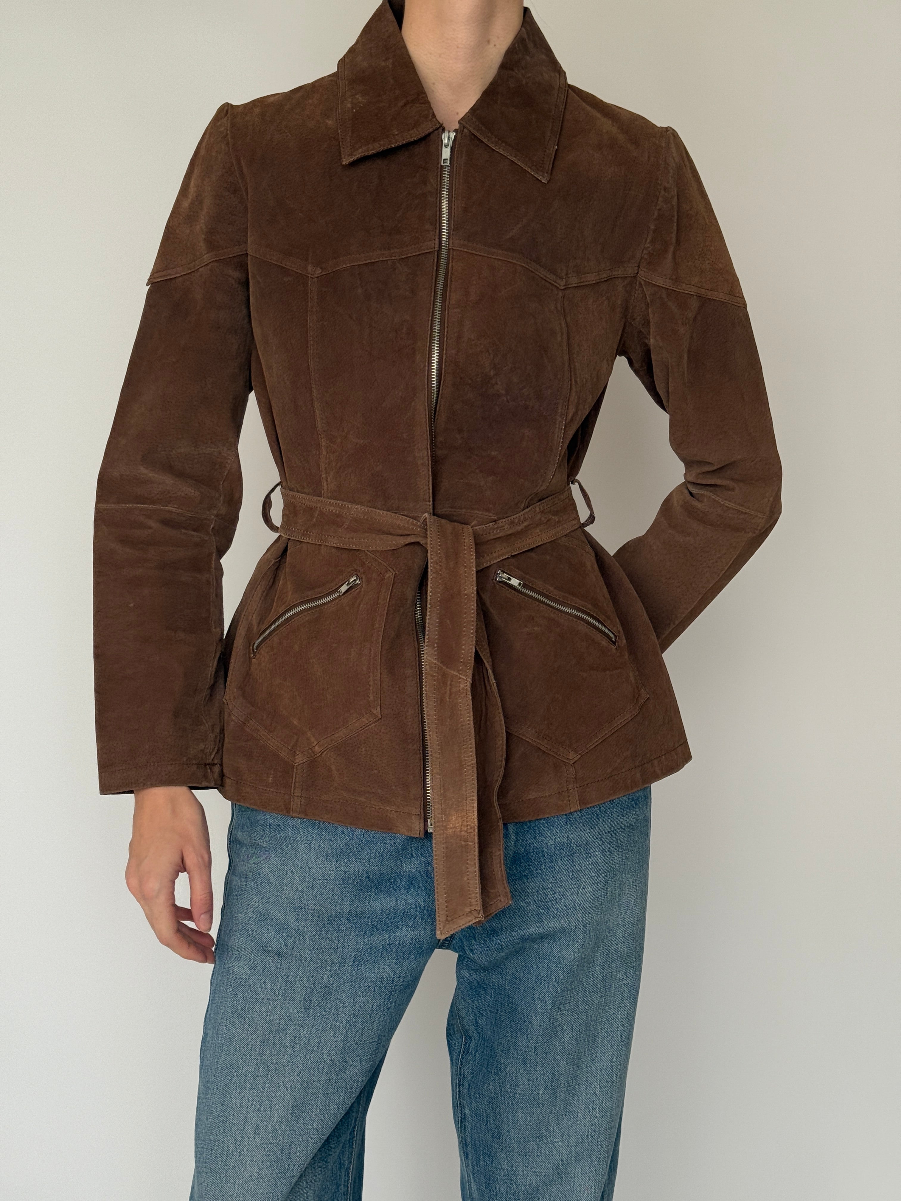 Vintage soft suede leather jacket with structured silhouette in brown