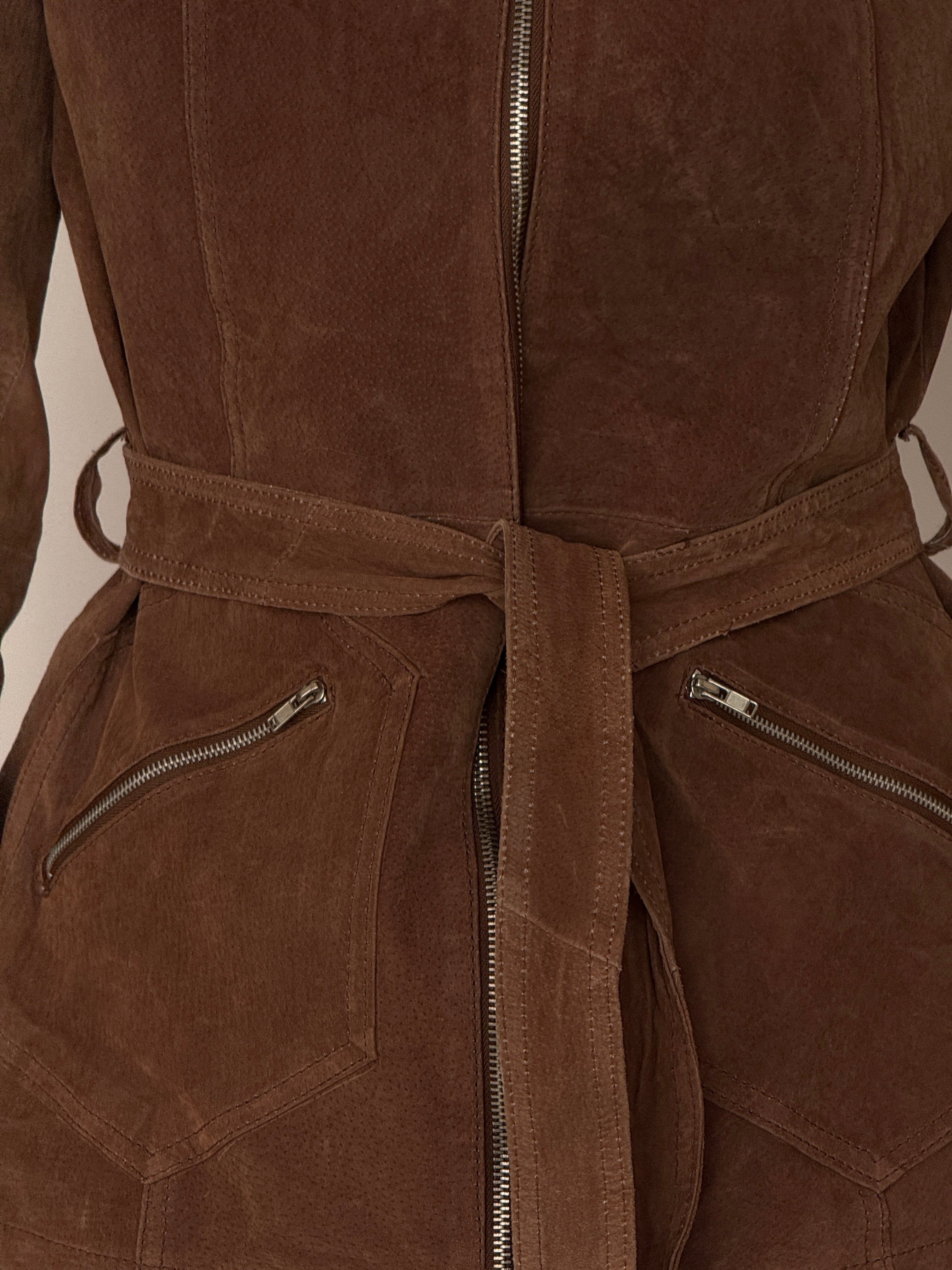Vintage suede leather belted jacket with zip pockets in brown details