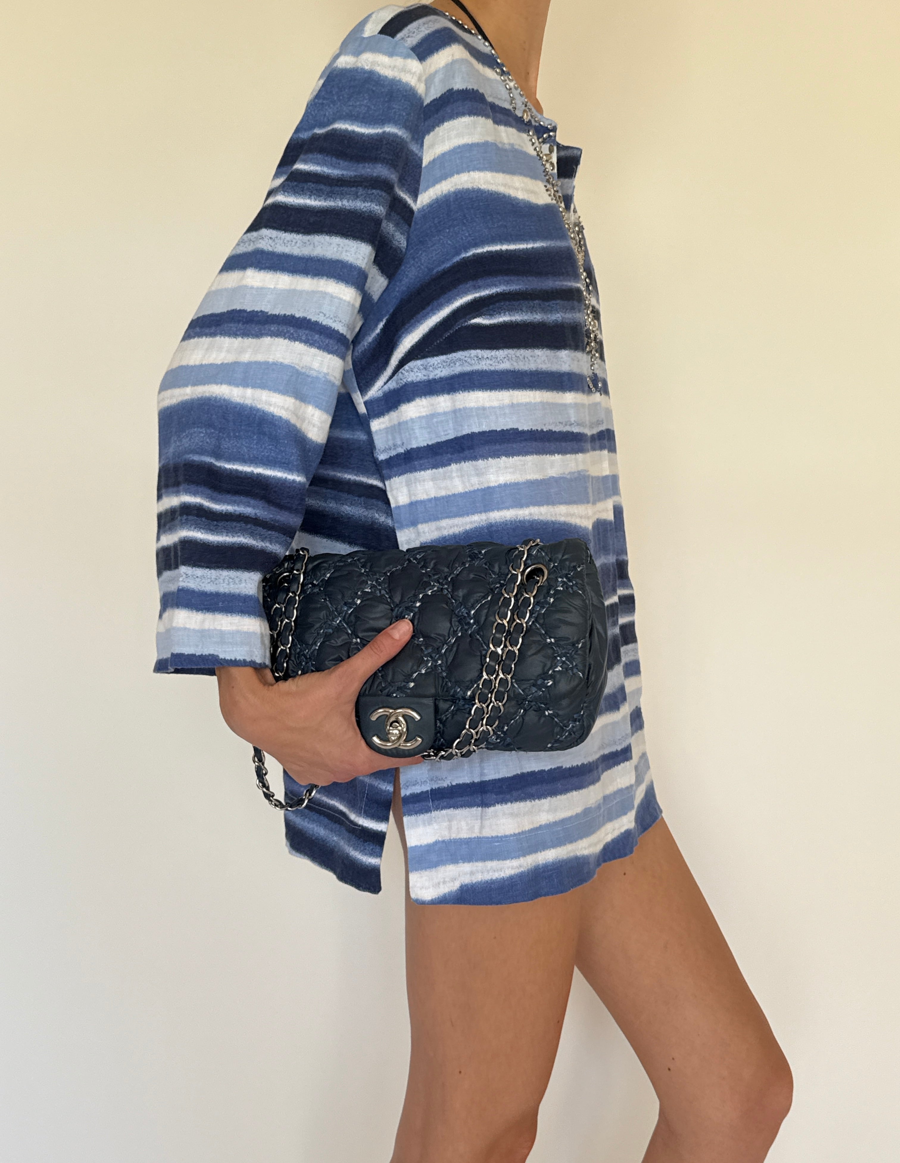 Vintage blue striped linen tunic side view