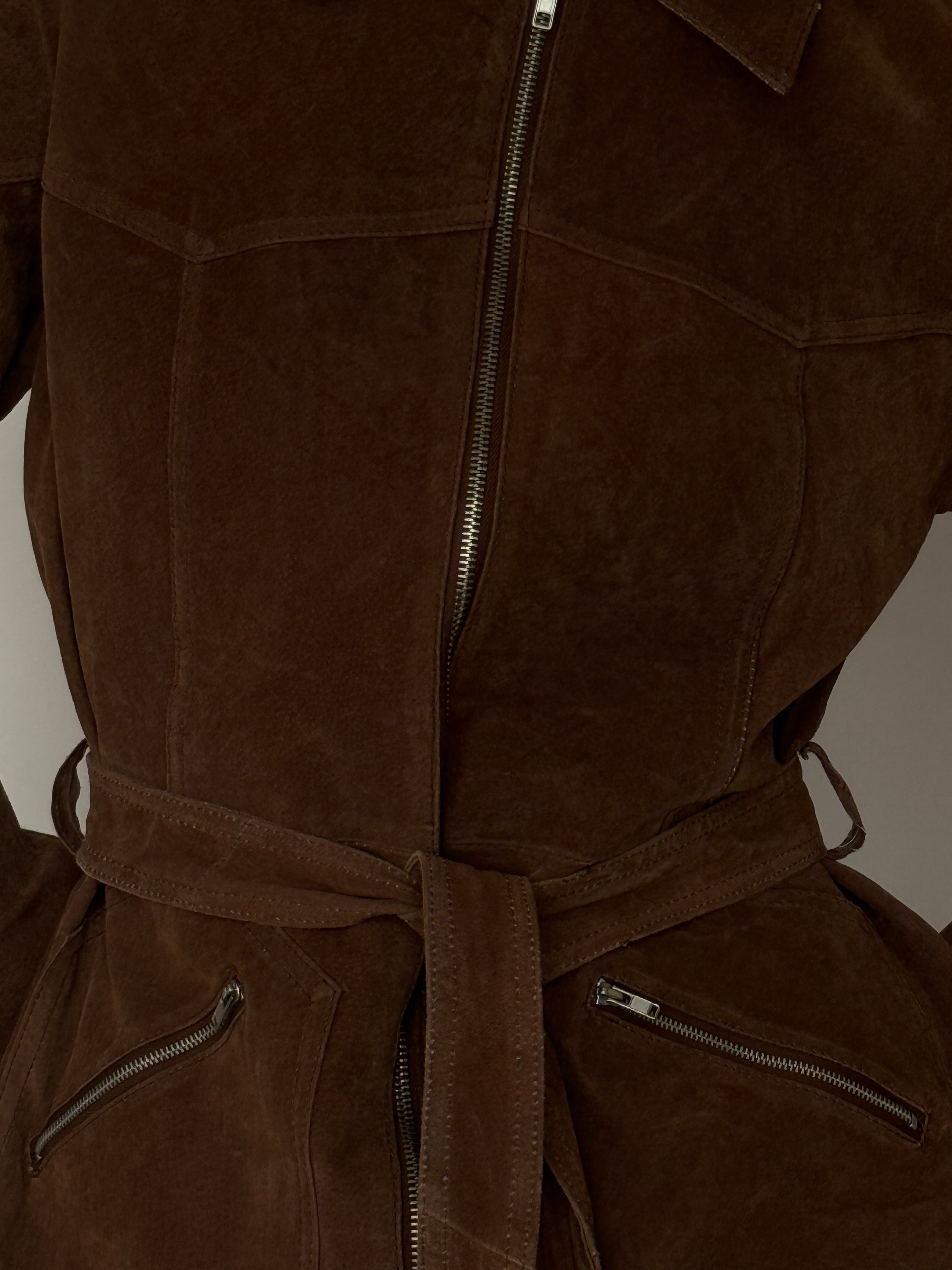 Vintage suede leather belted jacket with zip pockets in brown details