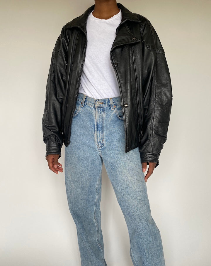 VINTAGE BOXY BLACK LEATHER JACKET 3810