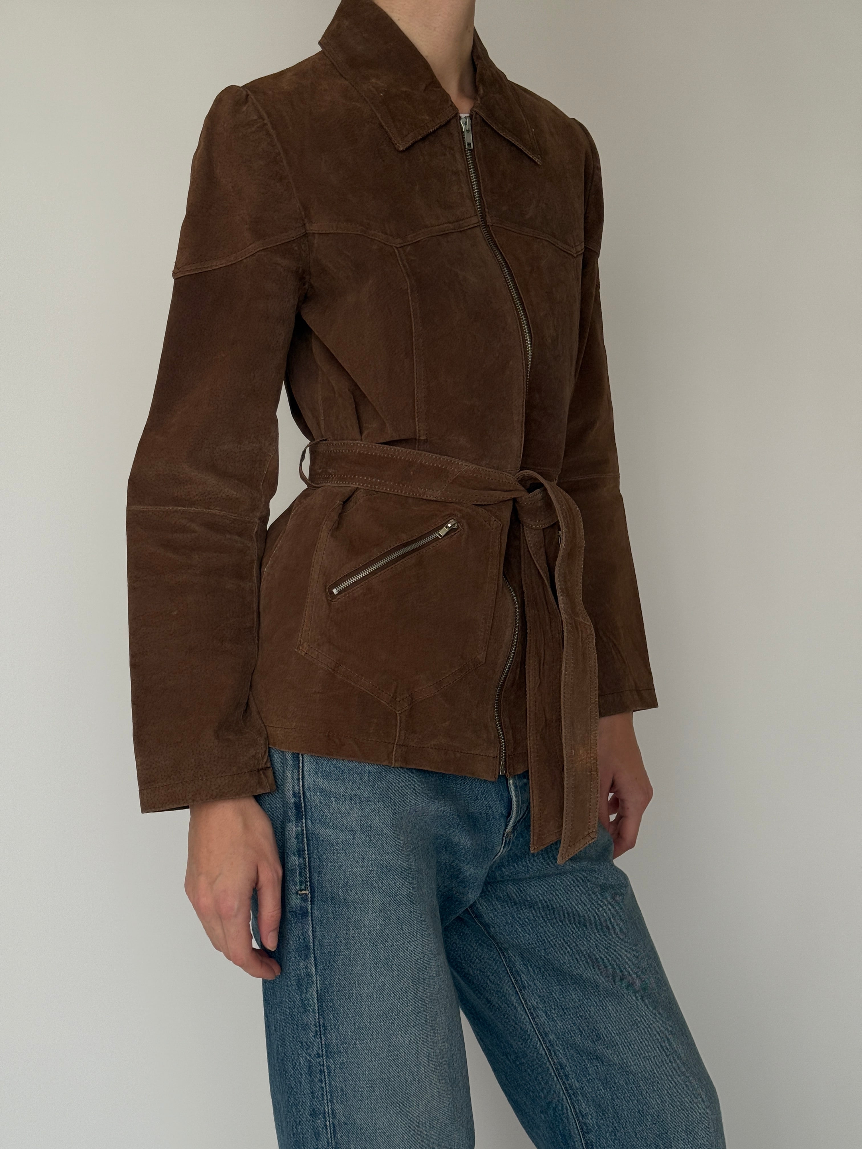Vintage brown suede leather jacket featuring waist tie and front zipper