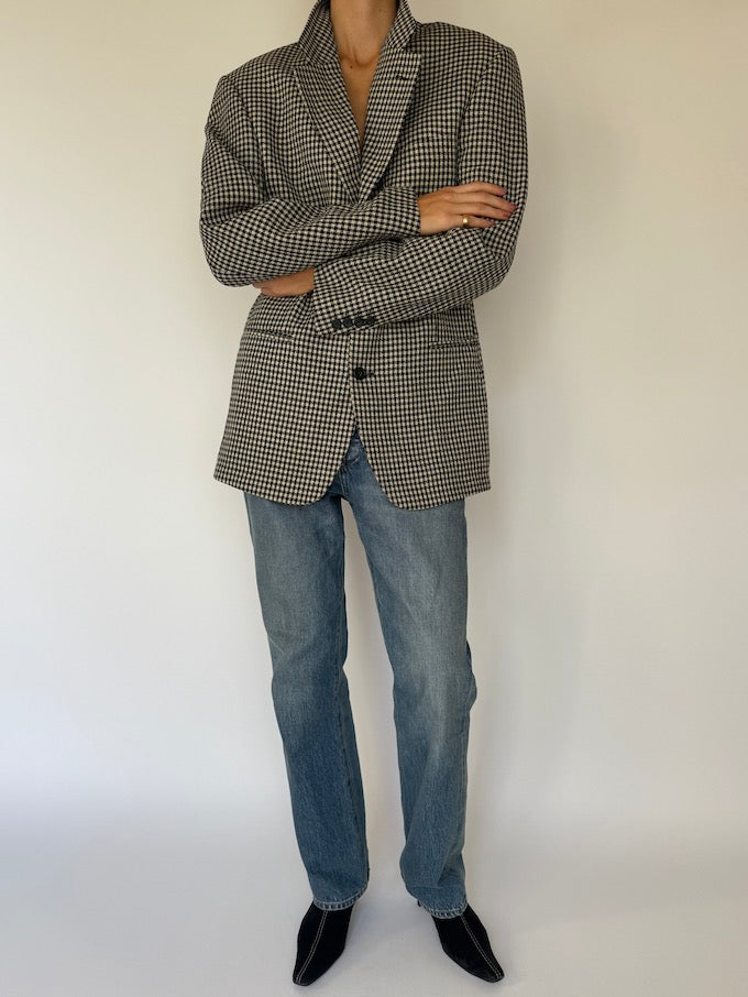 Vintage black and cream small checked blazer 6352