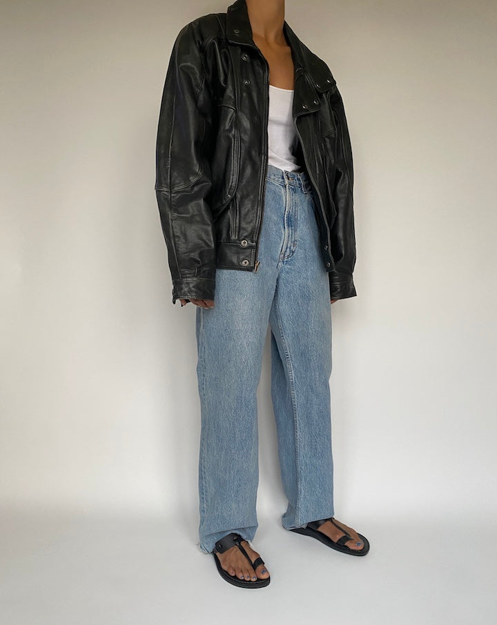 VINTAGE OVERSIZED BOXY BLACK LEATHER JACKET 2884