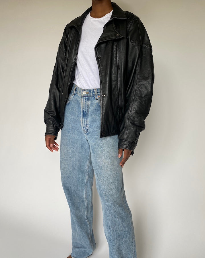 VINTAGE BOXY BLACK LEATHER JACKET 3810