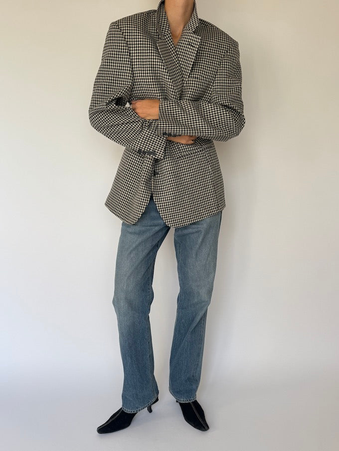 Vintage black and cream small checked blazer 6352