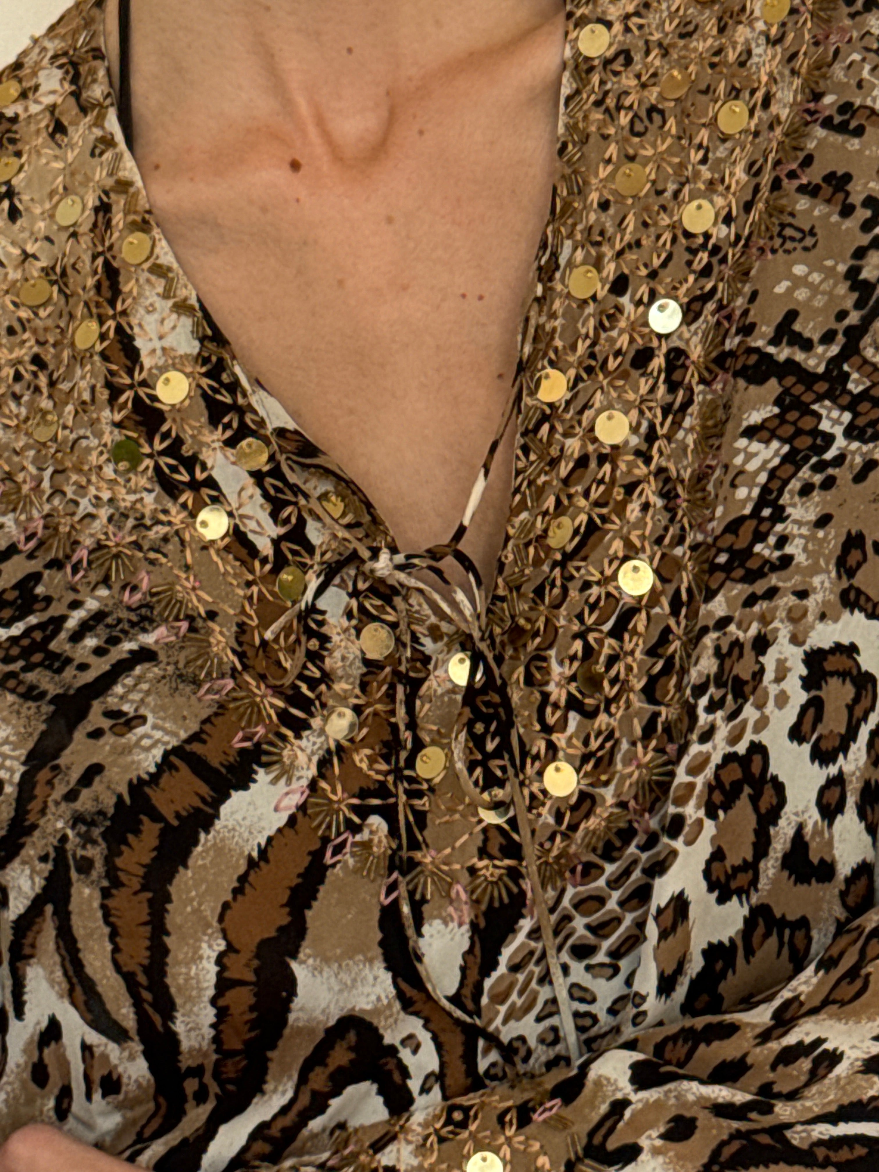 Vintage Victor Costa silk tunic gold sequin neckline detail