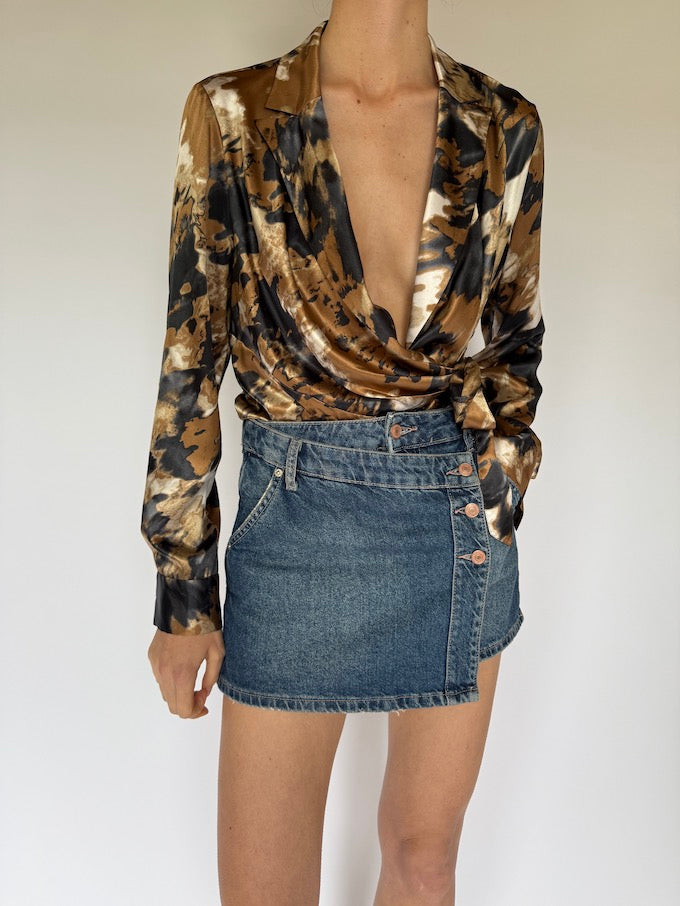 Vintage Brown, Black and Cream Tie Blouse 5441