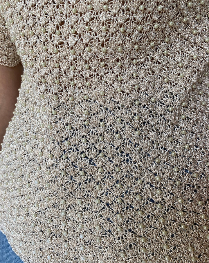 VINTAGE BEIGE BEADED CROCHET TOP 3403