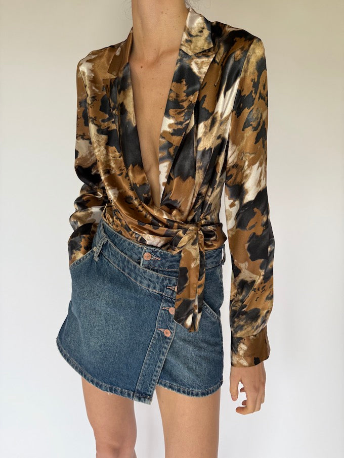 Vintage Brown, Black and Cream Tie Blouse 5441
