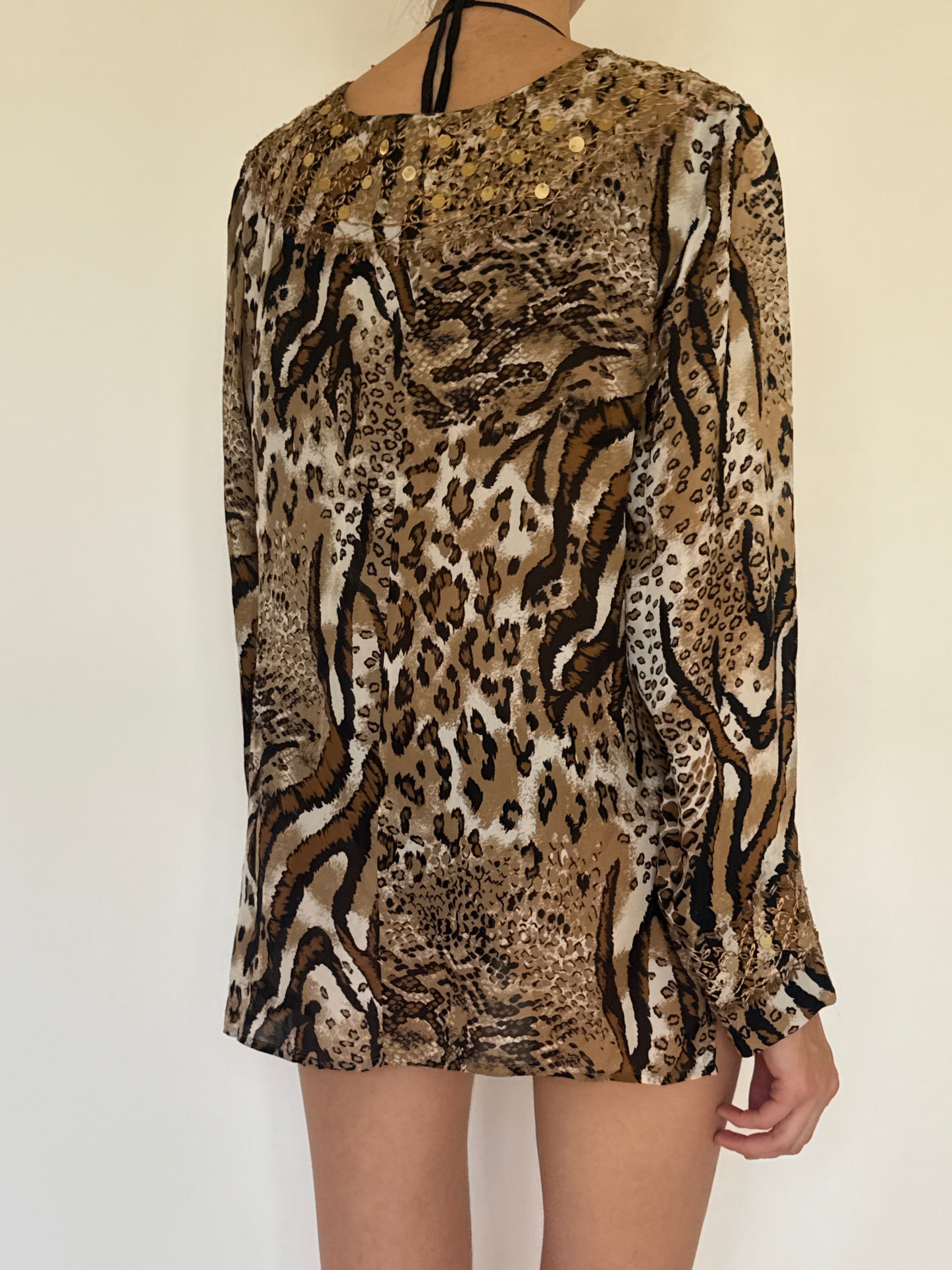 Vintage Victor Costa silk embellished tunic brown back view