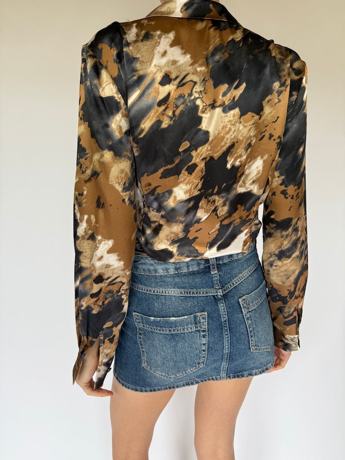 Vintage Brown, Black and Cream Tie Blouse 5441
