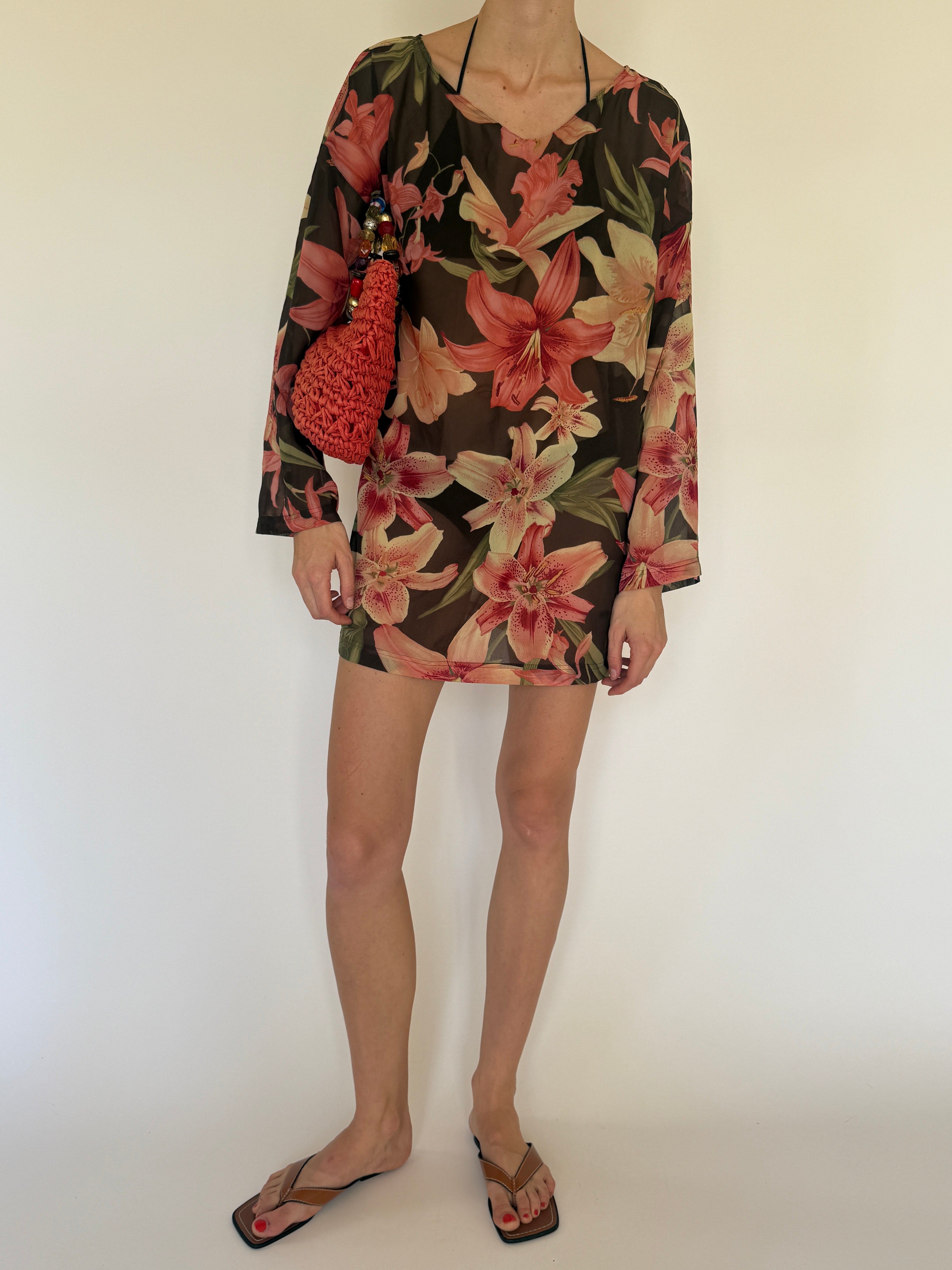 Vintage sheer black lily print mini dress front view