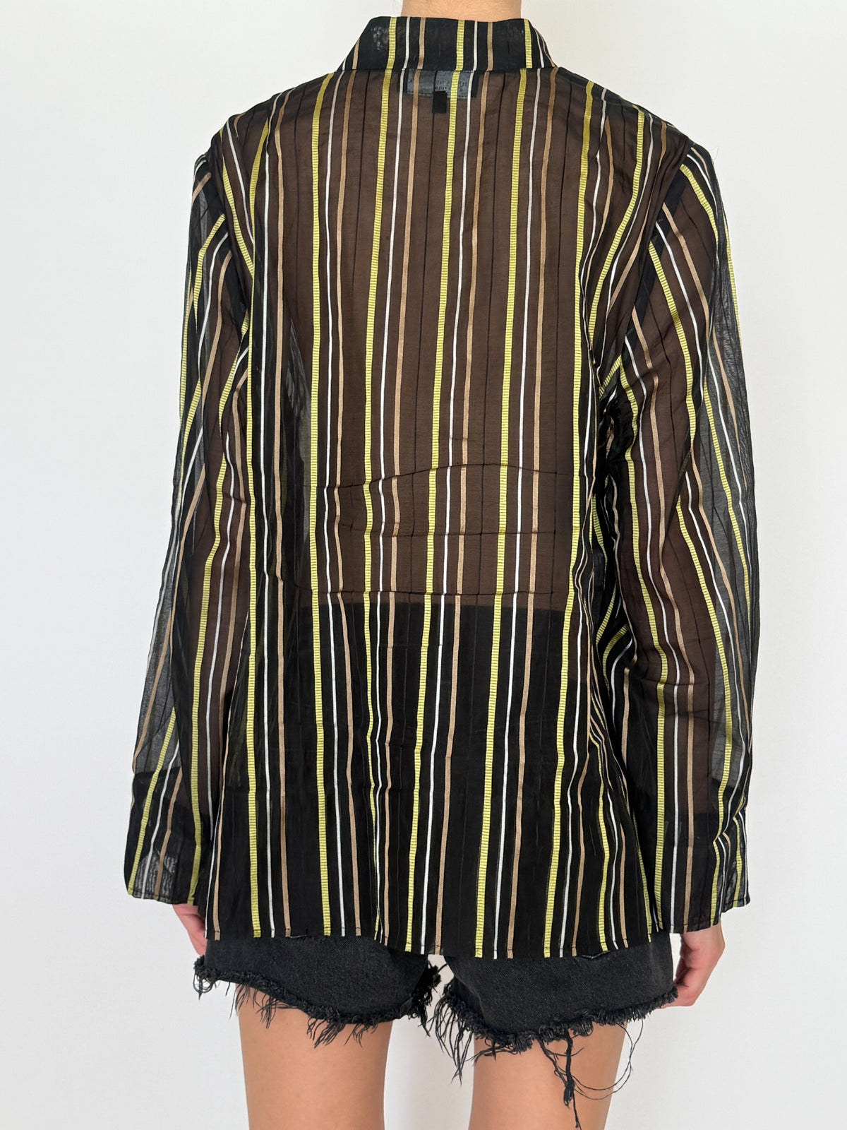 Back close view of vintage black brown green striped cotton silk shirt