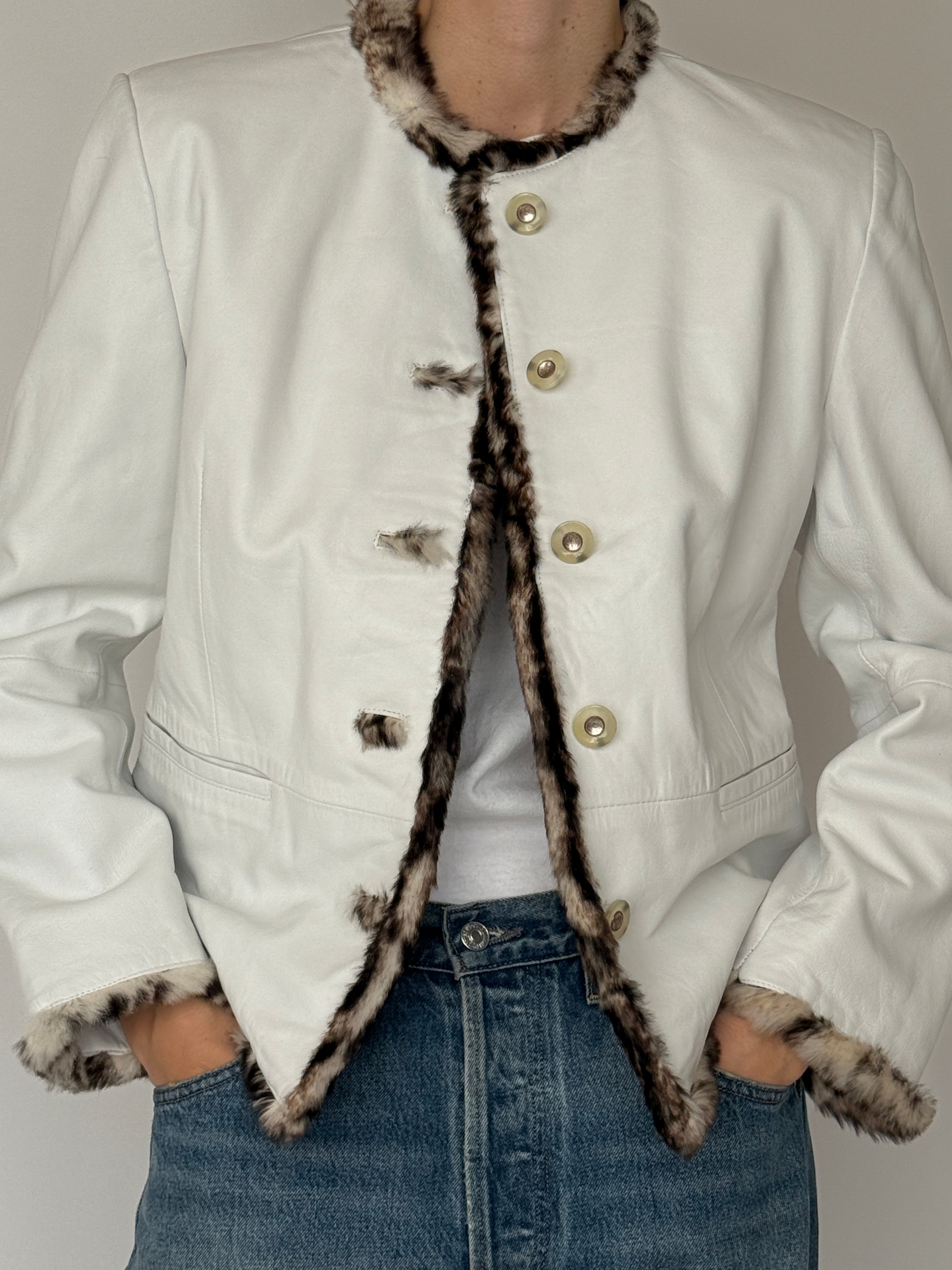 Vintage ivory leather jacket button detail