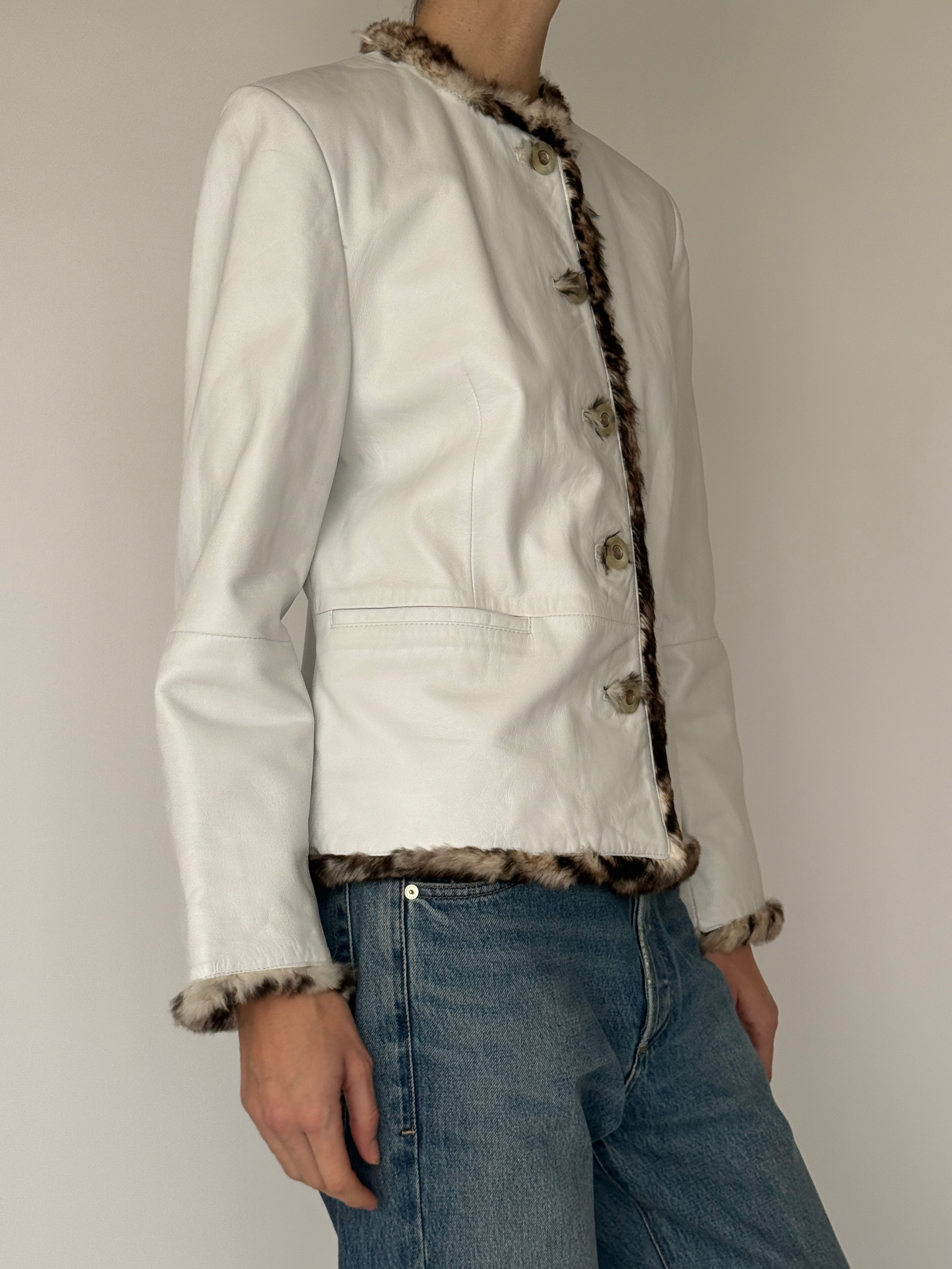 Vintage ivory leather jacket with fur trim side view