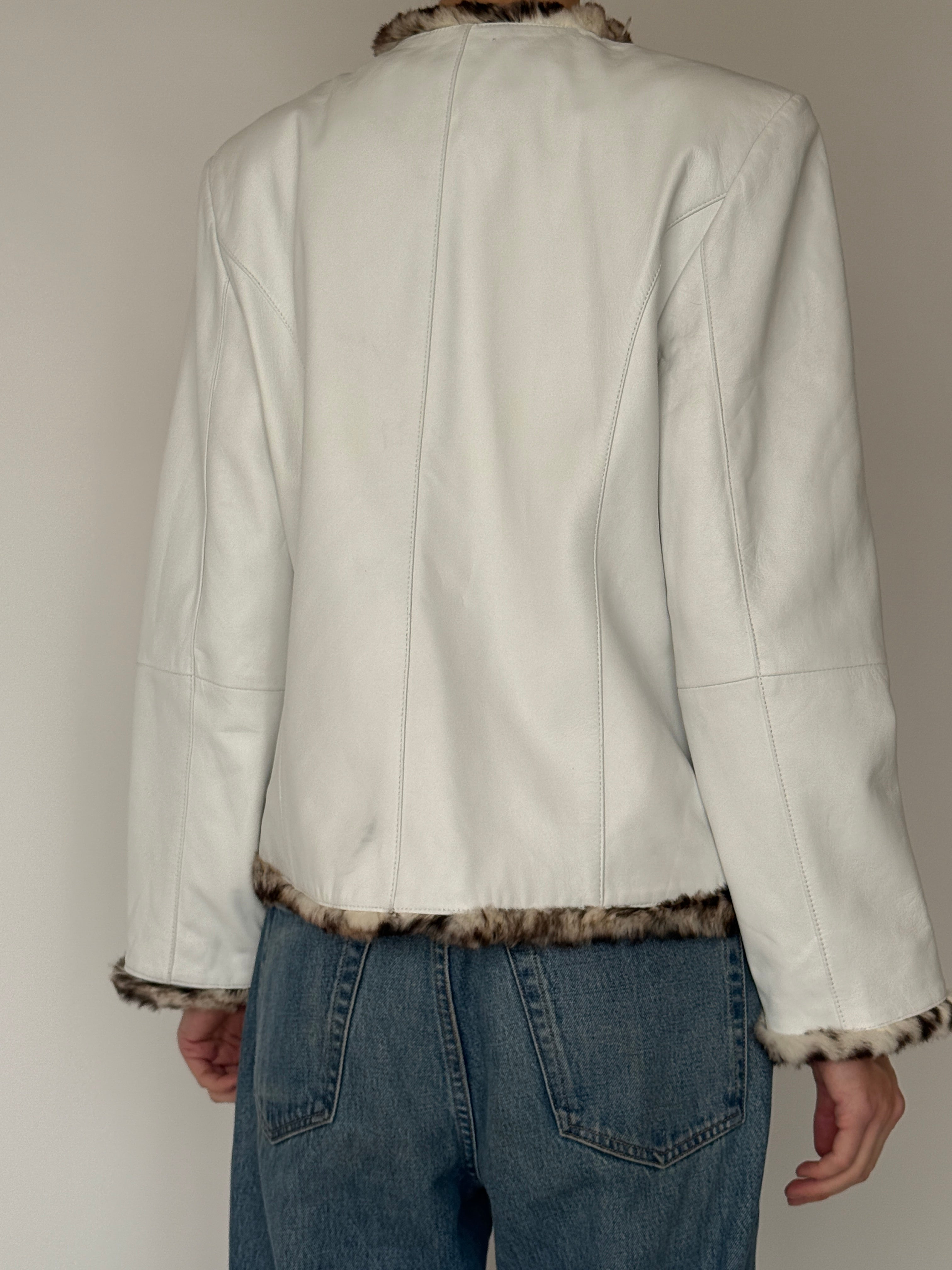 Vintage ivory leather jacket with fur trim back view